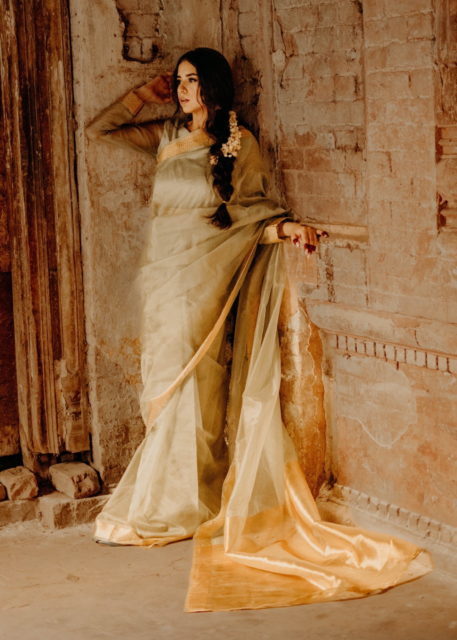 Noroz Moss Zari Organza Saree Women 3pcs