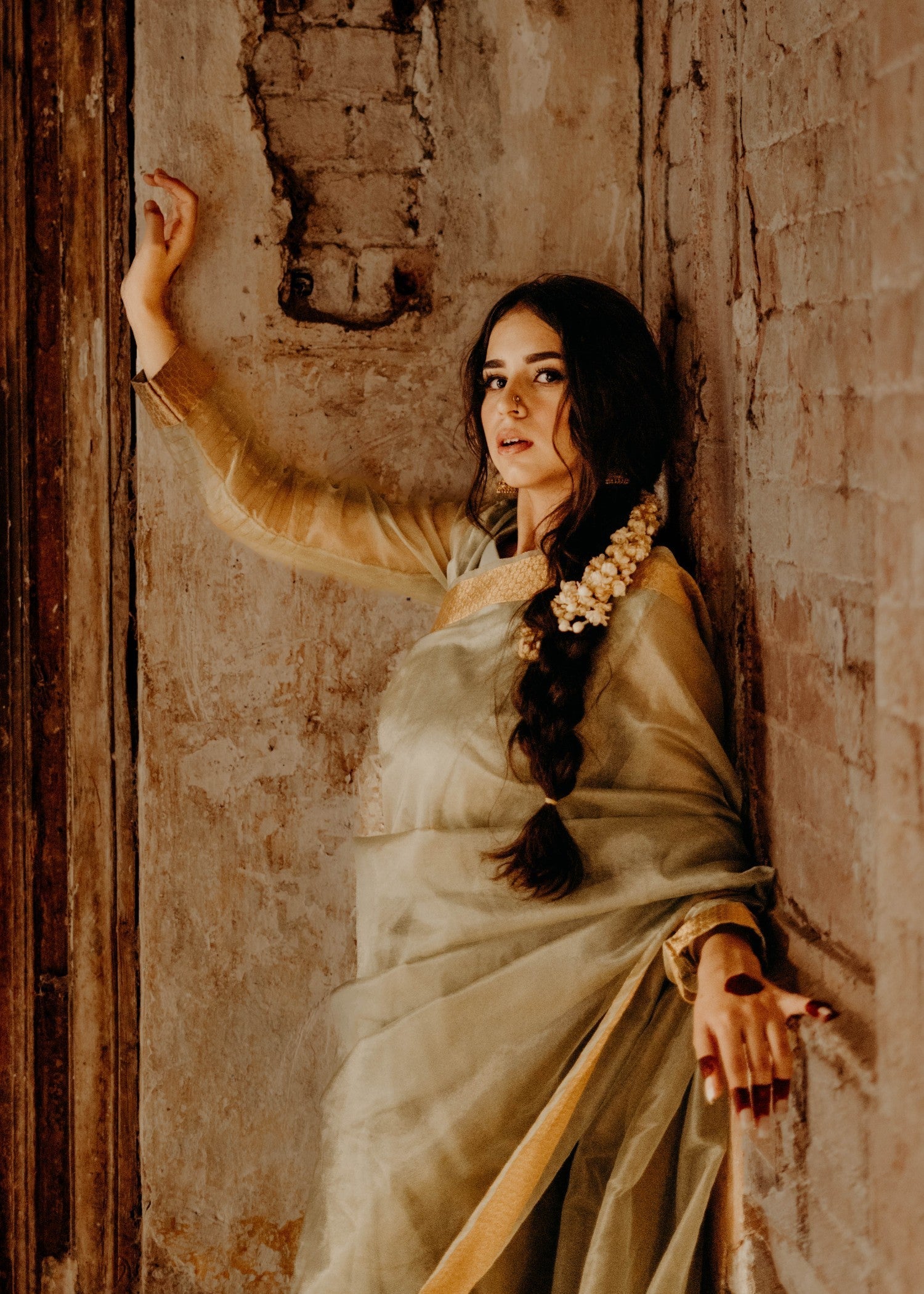 Noroz Moss Zari Organza Saree Women 3pcs