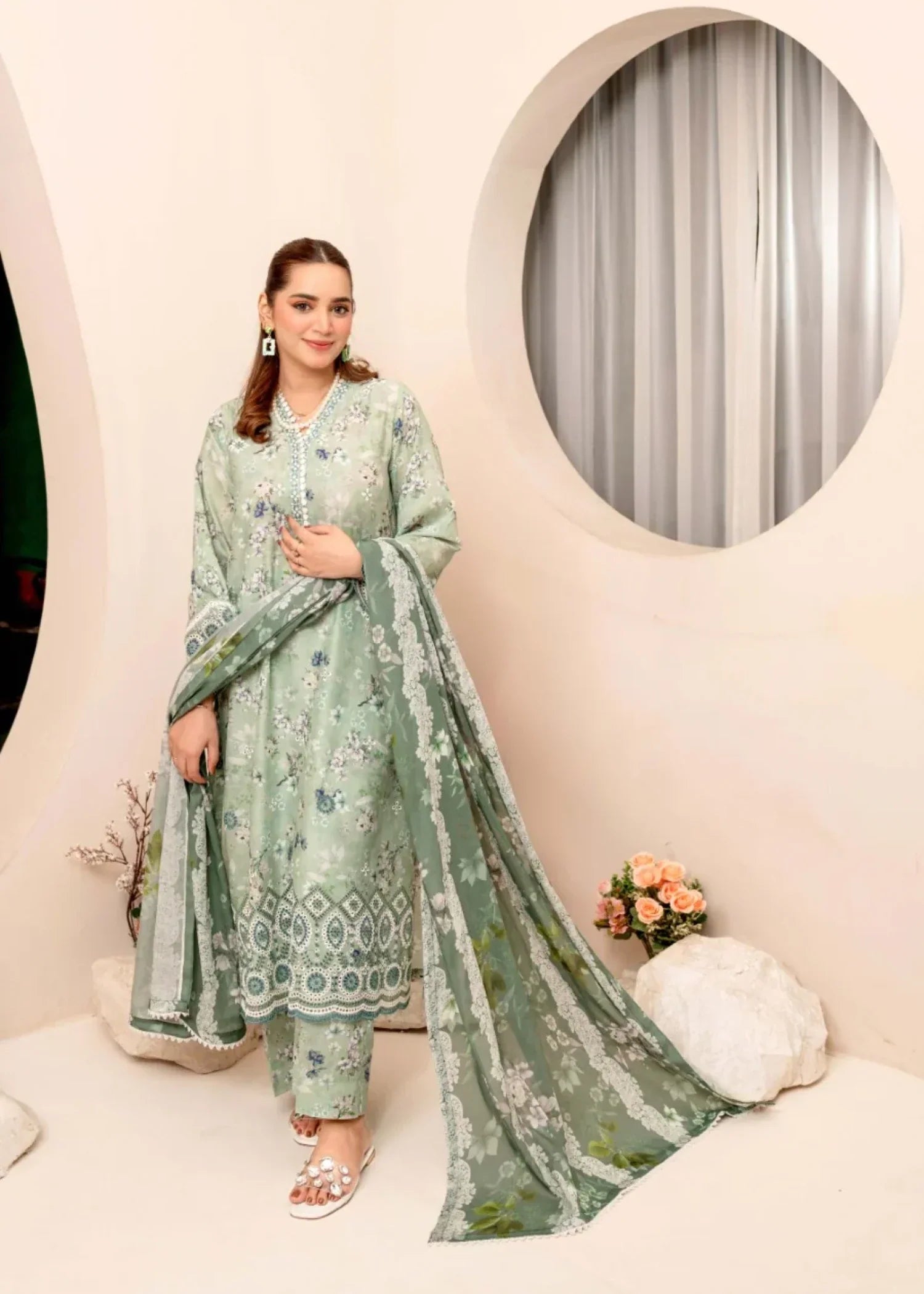 Humna & Momina Luxe Printed Lawn Outfit MOSS GREEN Women 3pcs