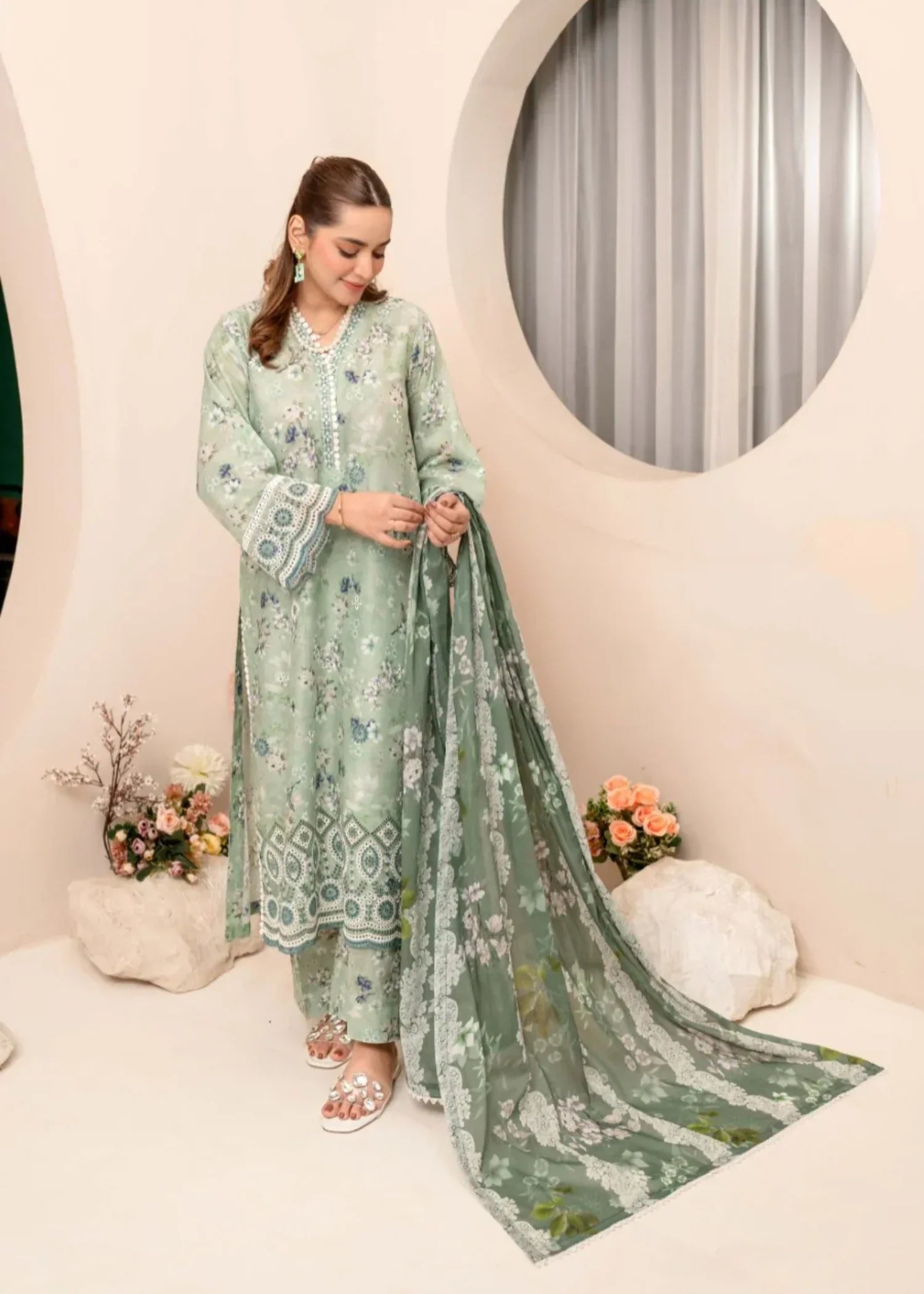 Humna & Momina Luxe Printed Lawn Outfit MOSS GREEN Women 3pcs