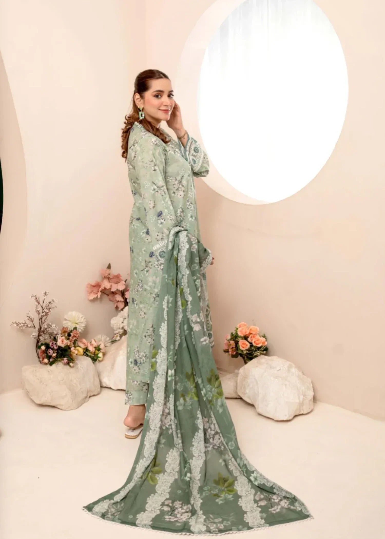 Humna & Momina Luxe Printed Lawn Outfit MOSS GREEN Women 3pcs