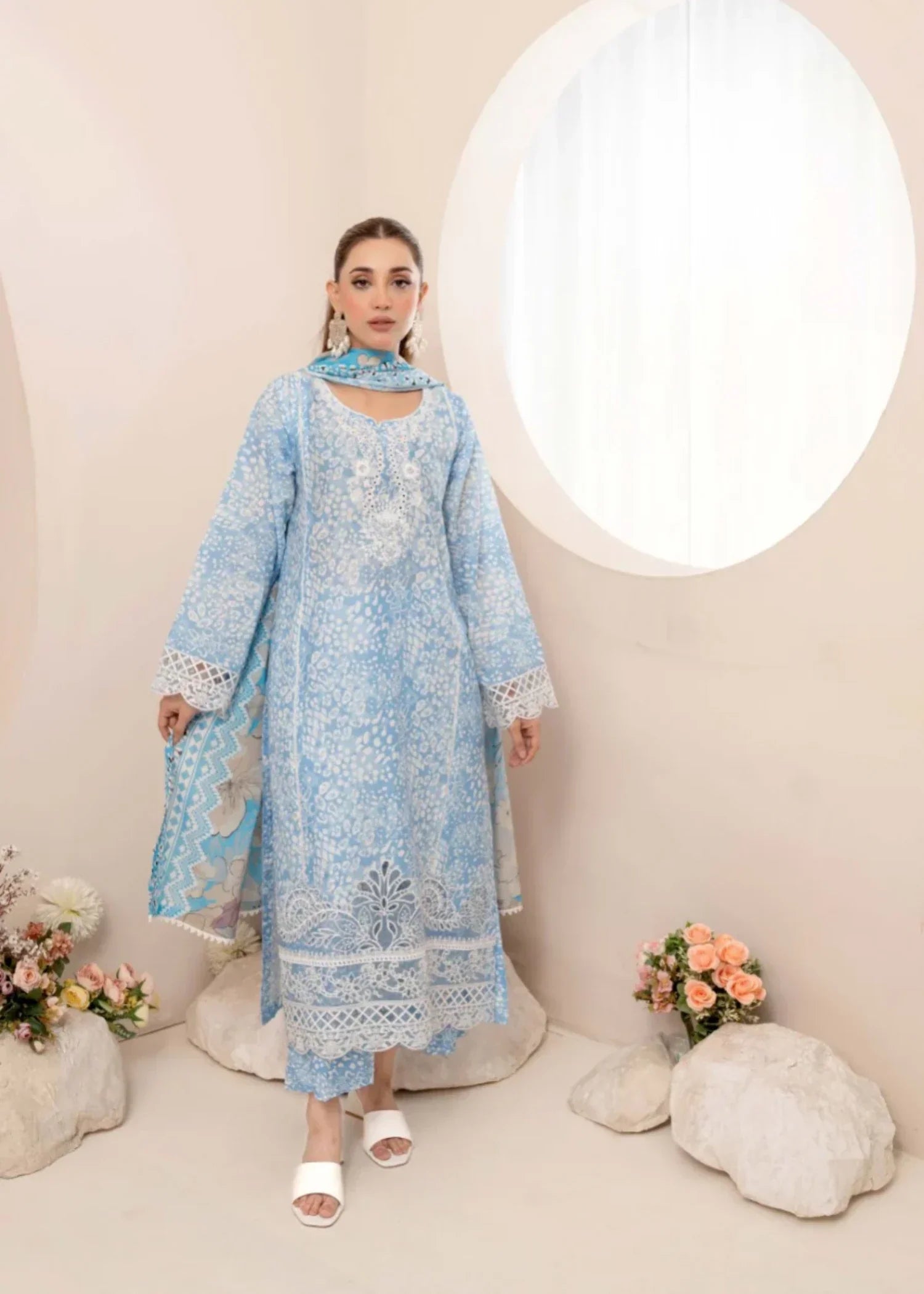 Humna & Momina EMBROIDERED PRINTED LAWN SUIT (Sky Blue) Women 3pcs