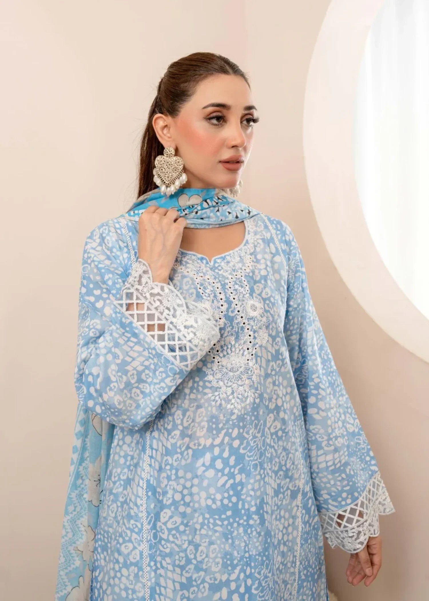 Humna & Momina EMBROIDERED PRINTED LAWN SUIT (Sky Blue) Women 3pcs