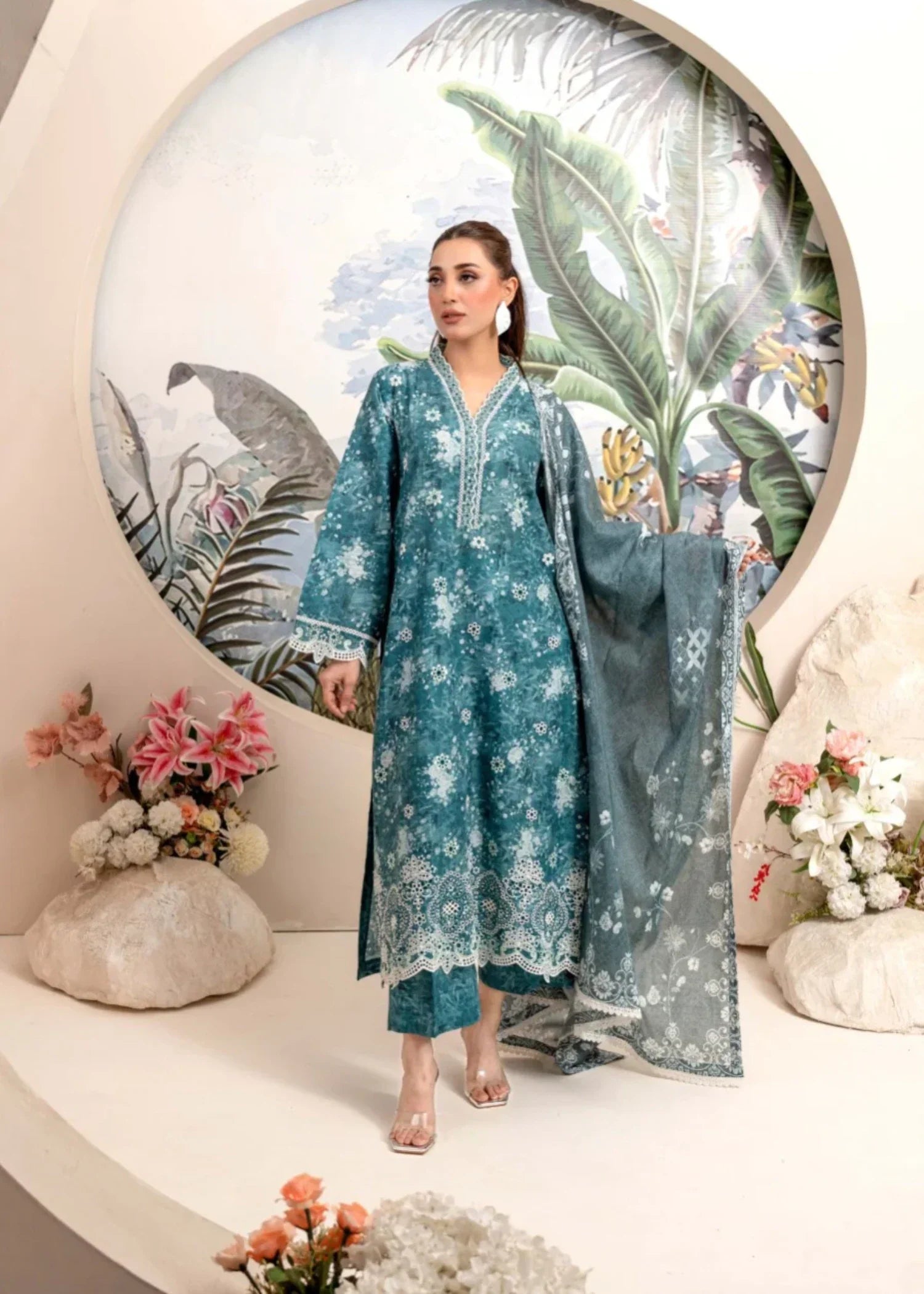 Humna & Momina EMBROIDERED PRINTED LAWN SUIT (Dark Cyan) Women 3pcs