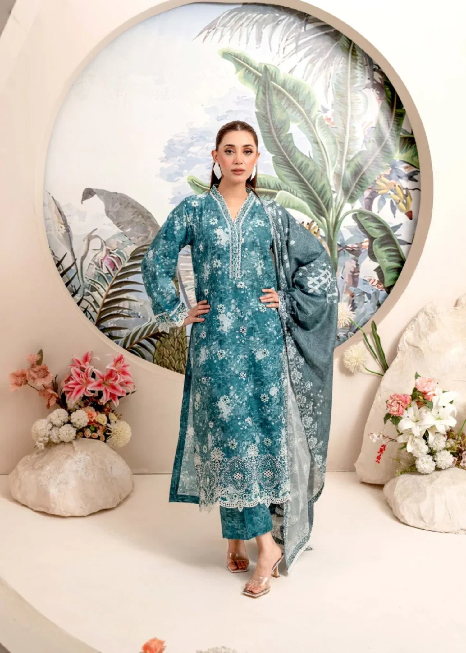 Humna & Momina EMBROIDERED PRINTED LAWN SUIT (Dark Cyan) Women 3pcs