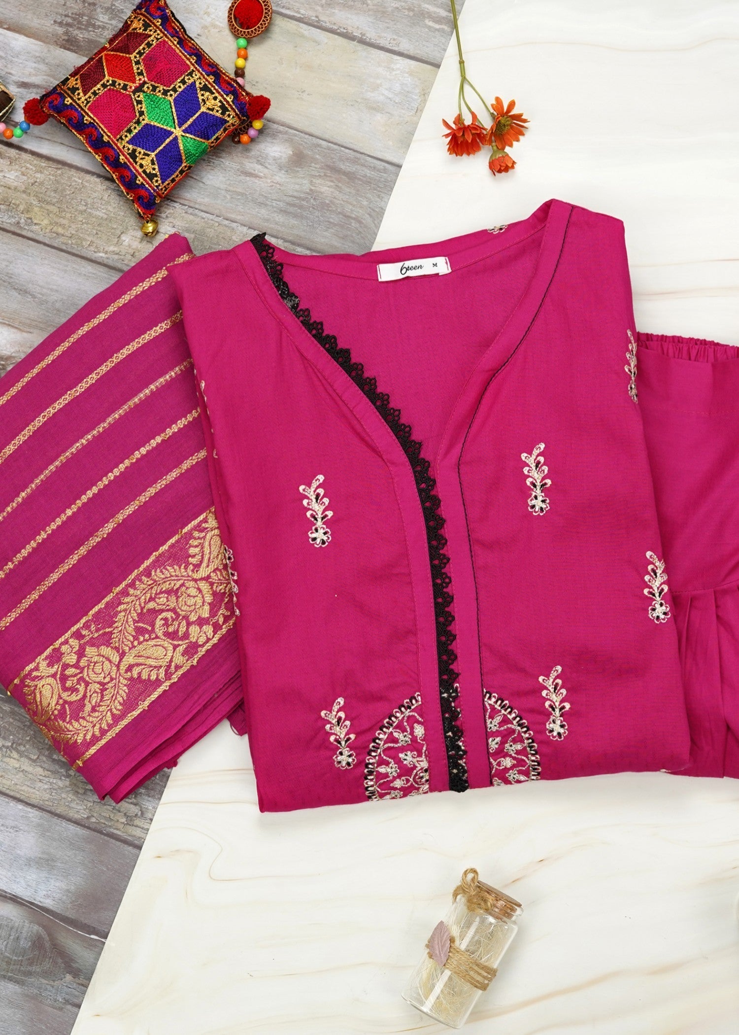 6teen S53 SHOCKING PINK EMBROIDERED SUIT Women 3pcs