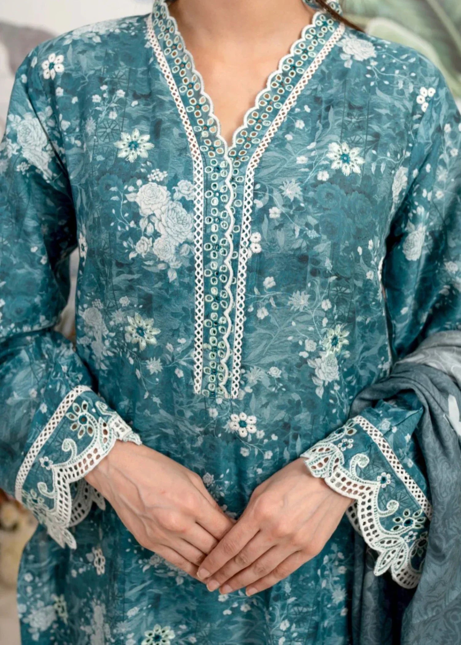 Humna & Momina EMBROIDERED PRINTED LAWN SUIT (Dark Cyan) Women 3pcs