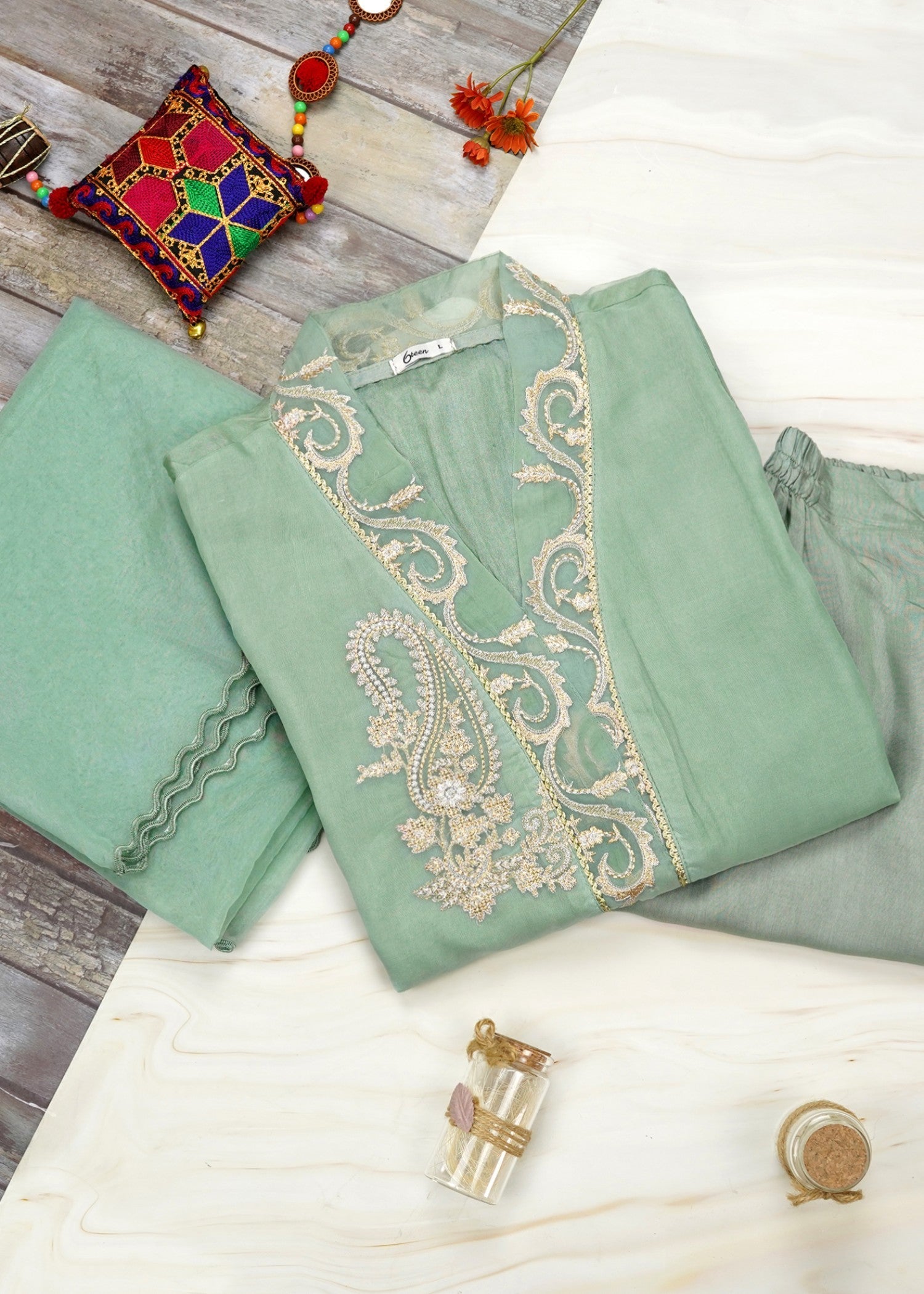 6teen Organza Embroidered Suit(Pret) Seam Green Women 3pcs