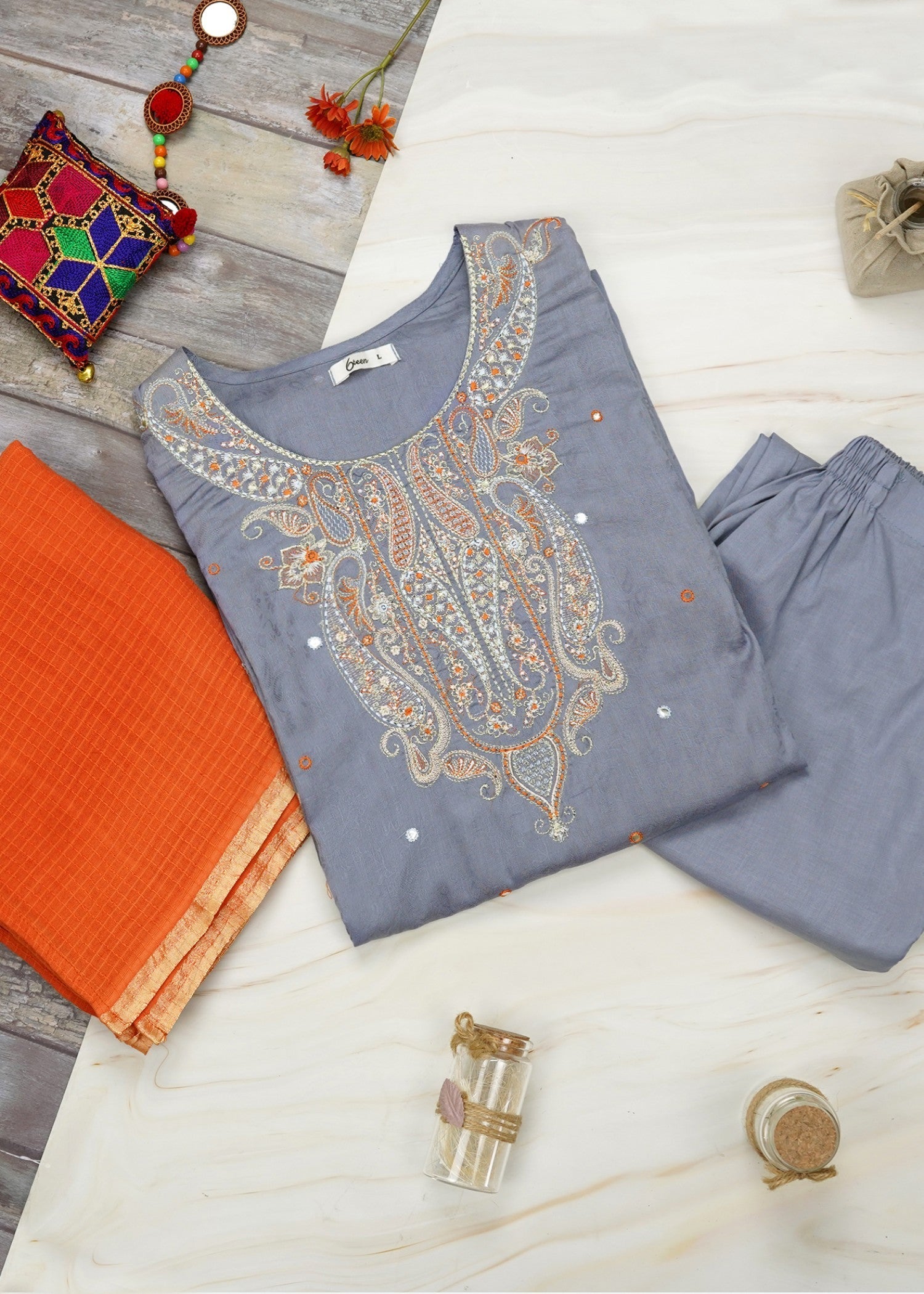 6teen S59 GREY EMB SUIT Women 3pcs