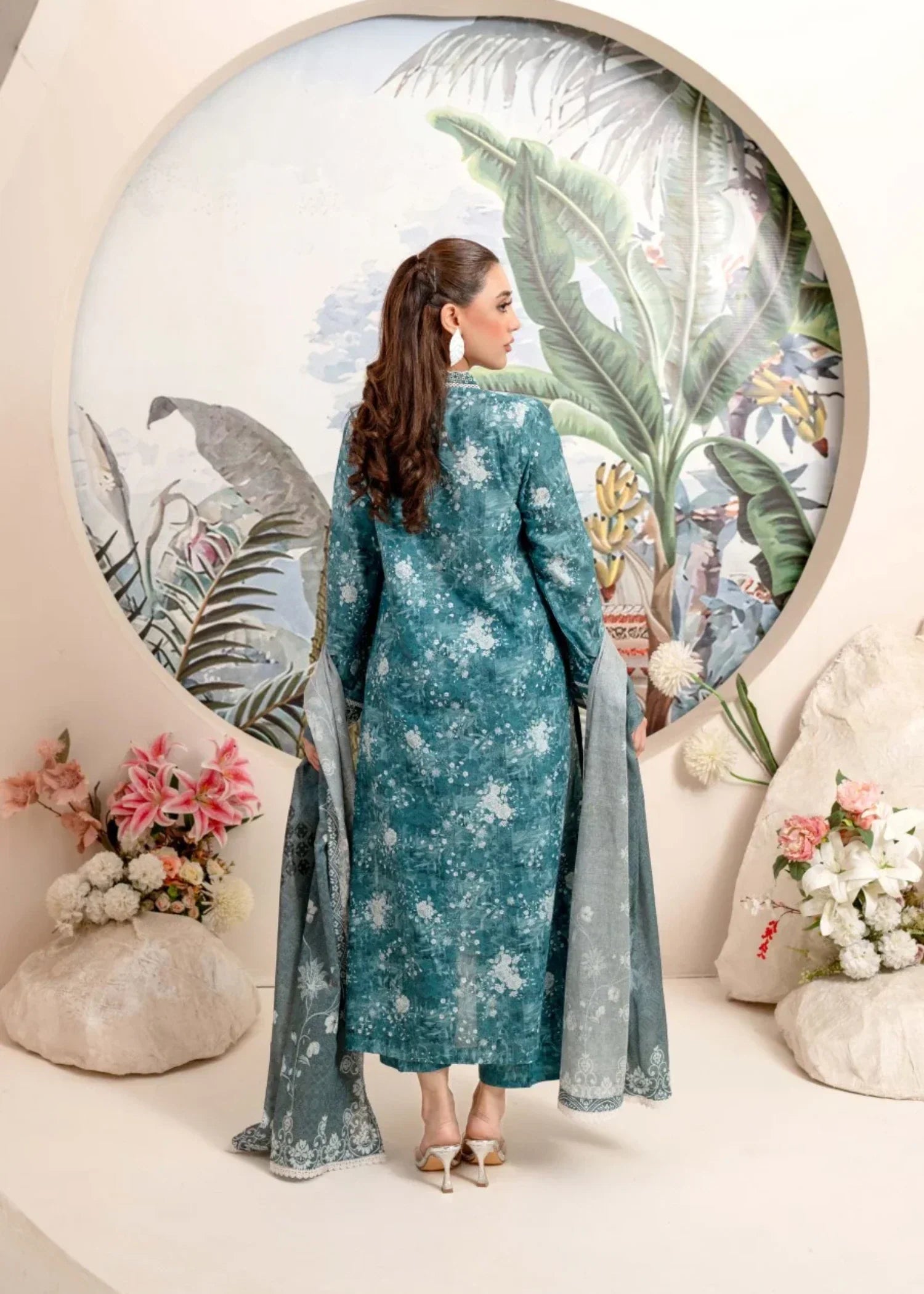 Humna & Momina EMBROIDERED PRINTED LAWN SUIT (Dark Cyan) Women 3pcs