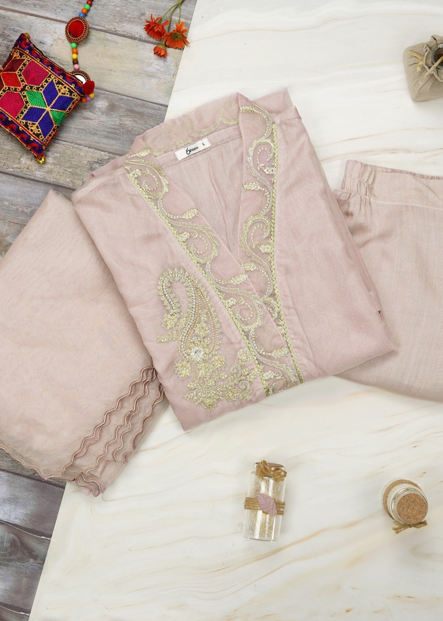 6teen Organza Embroidered Suit(Pret) Pink Women 3pcs