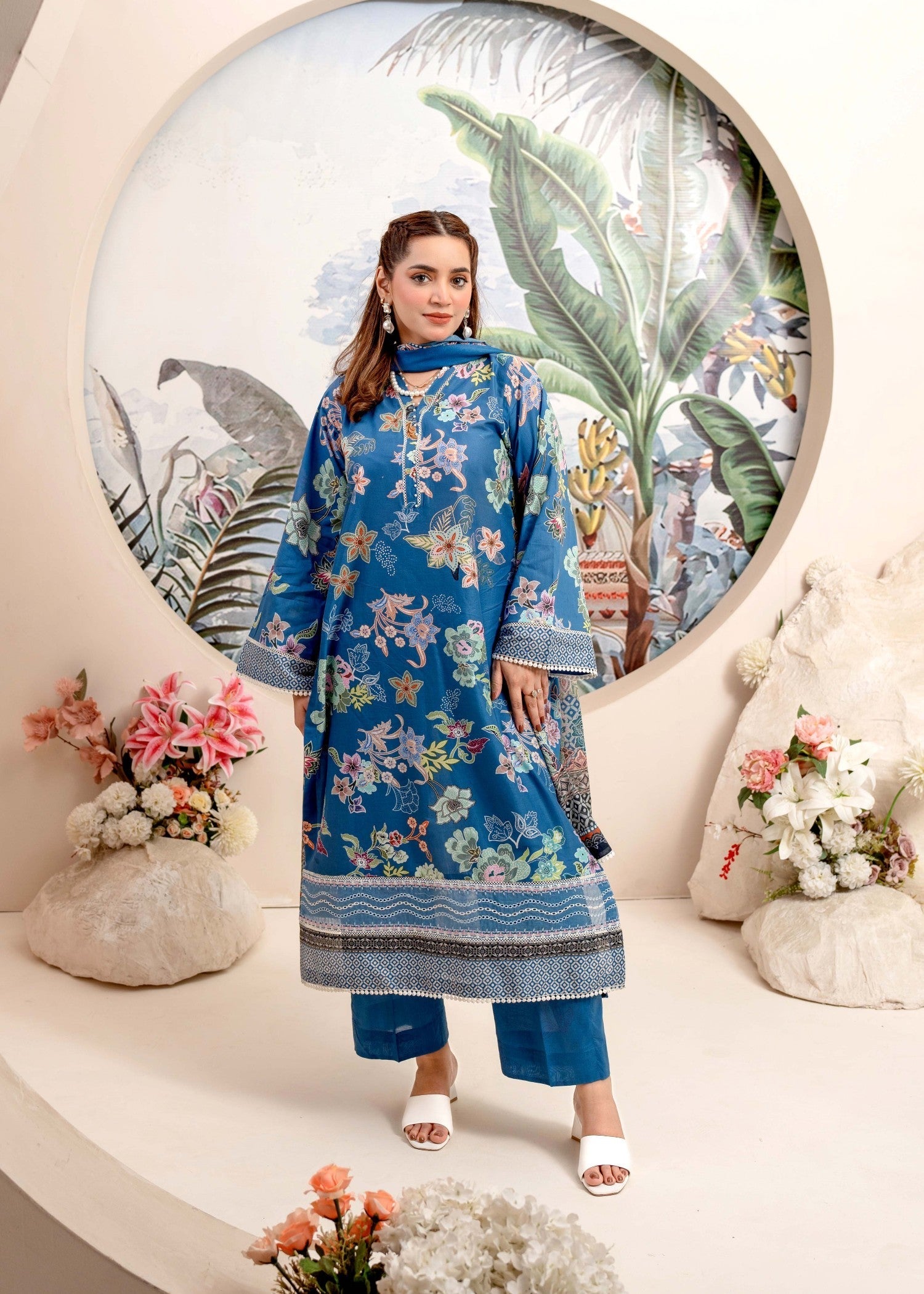 Humna & Momina Embroidered and Printed Lawn (Azure) Women 3pcs