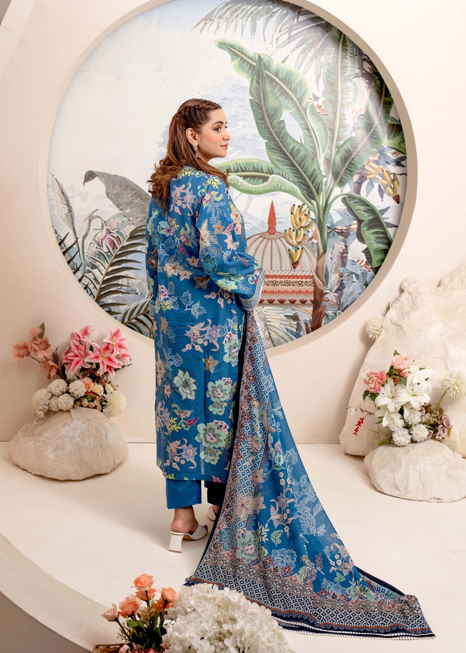 Humna & Momina Embroidered and Printed Lawn (Azure) Women 3pcs