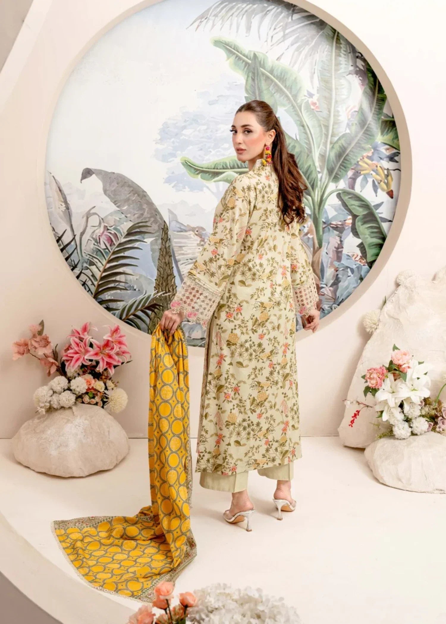 Humna & Momina Embroidered Printed Lawn Attire (flax) Women 3pcs