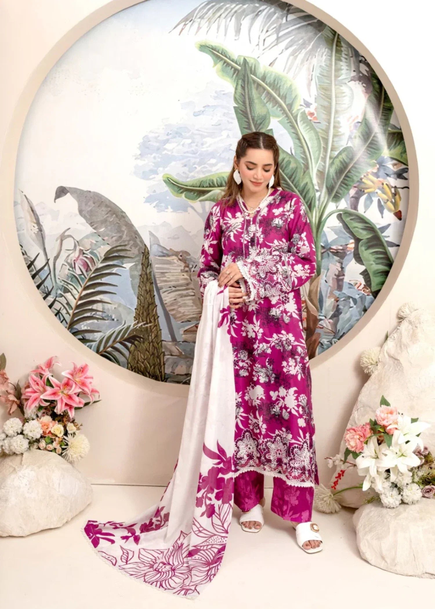 Humna & Momina EMBROIDERED PRINTED LAWN SUIT LOLLIPOP PINK Women 3pcs
