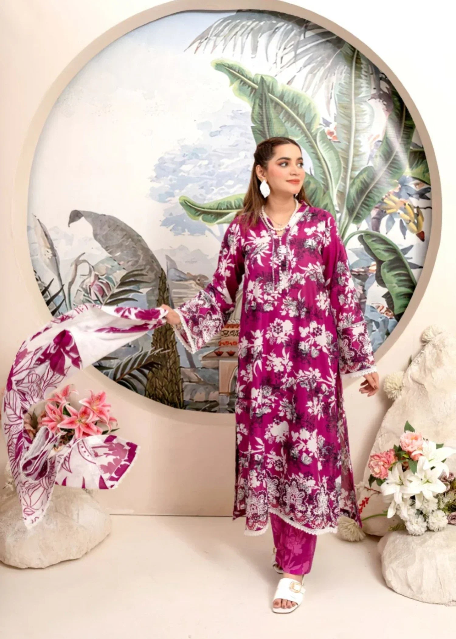 Humna & Momina EMBROIDERED PRINTED LAWN SUIT LOLLIPOP PINK Women 3pcs