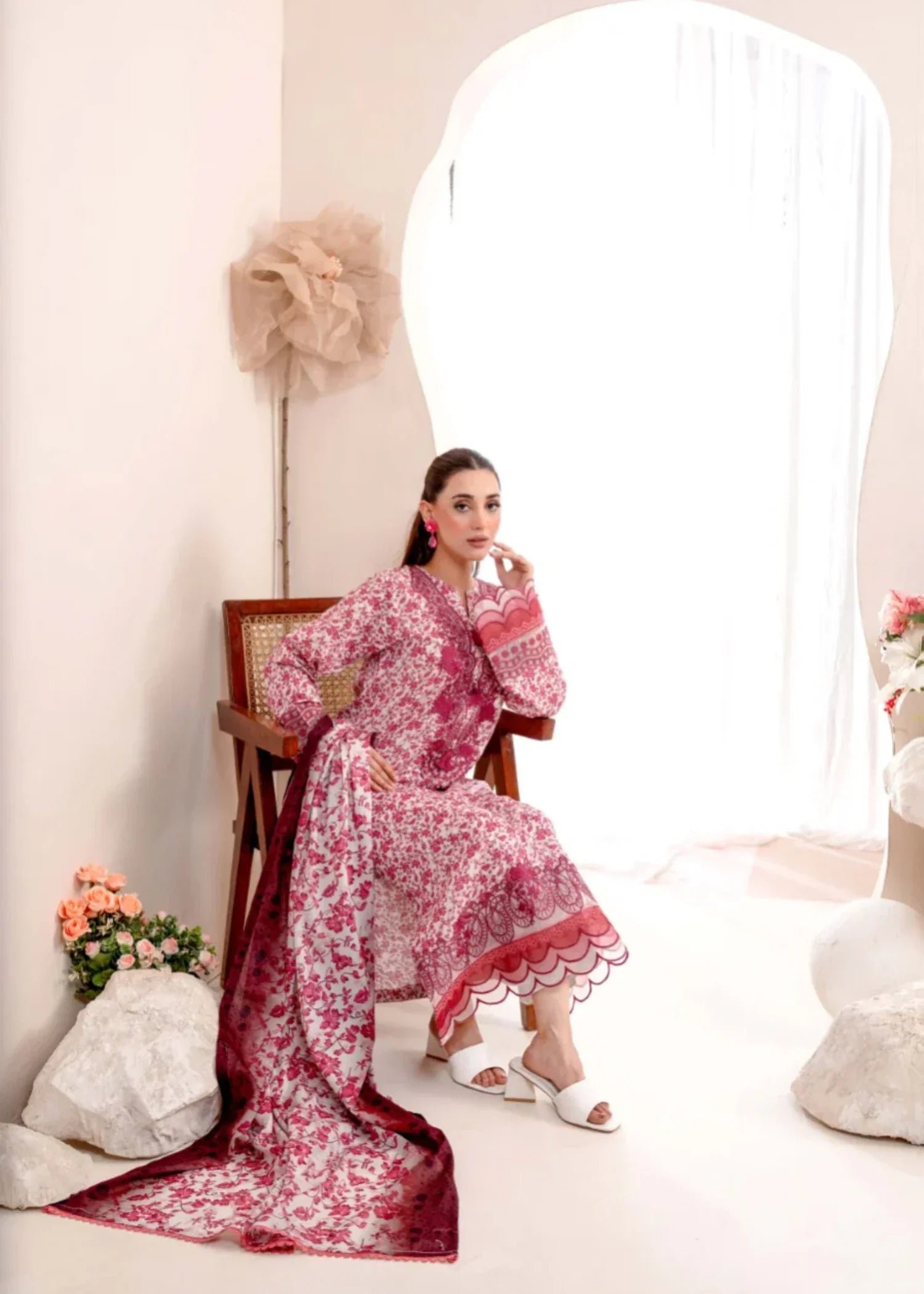 Humna & Momina Printed Lawn Suit with Embroidered Detailing (watermelon pink) Women 3pcs