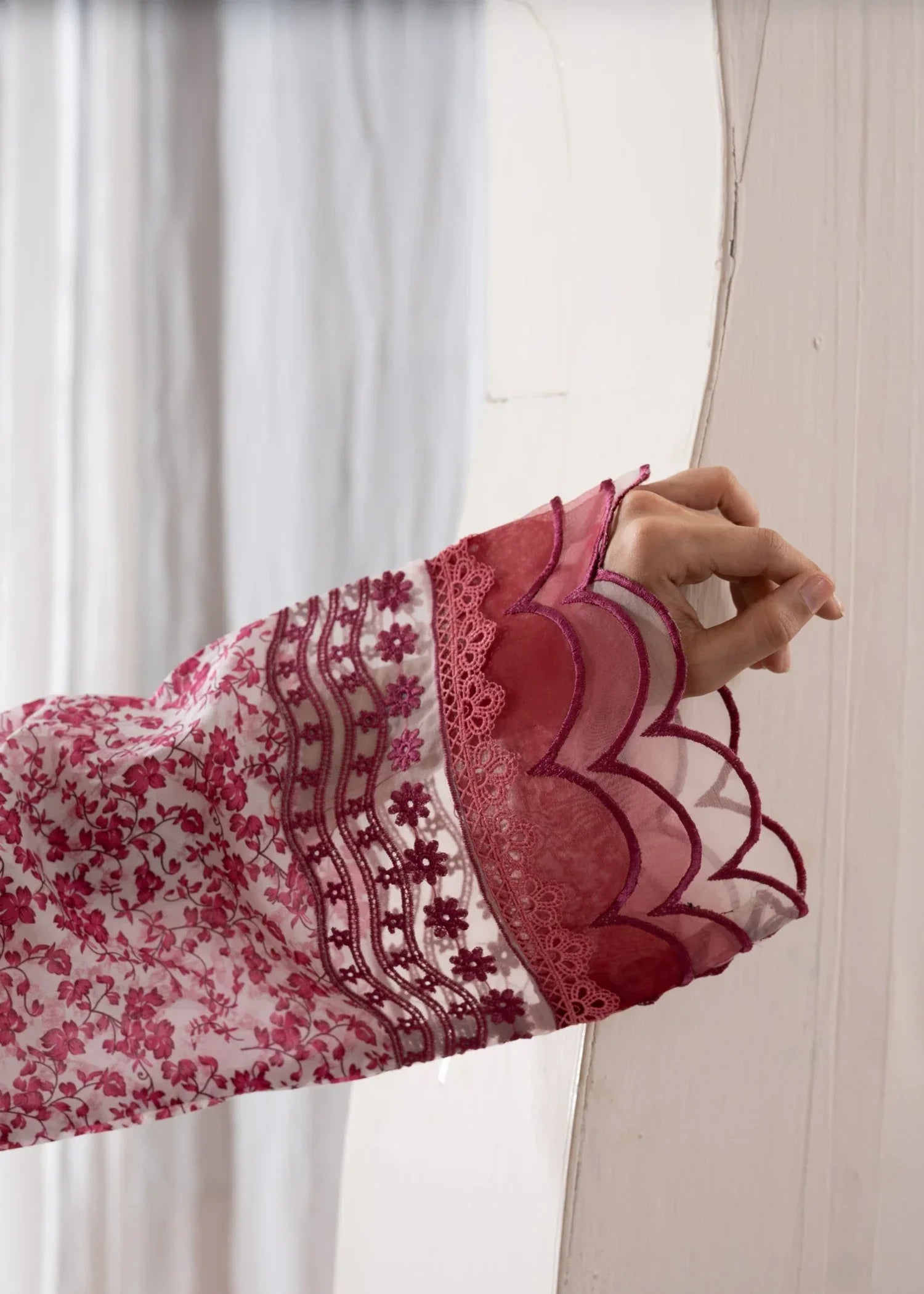 Humna & Momina Printed Lawn Suit with Embroidered Detailing (watermelon pink) Women 3pcs