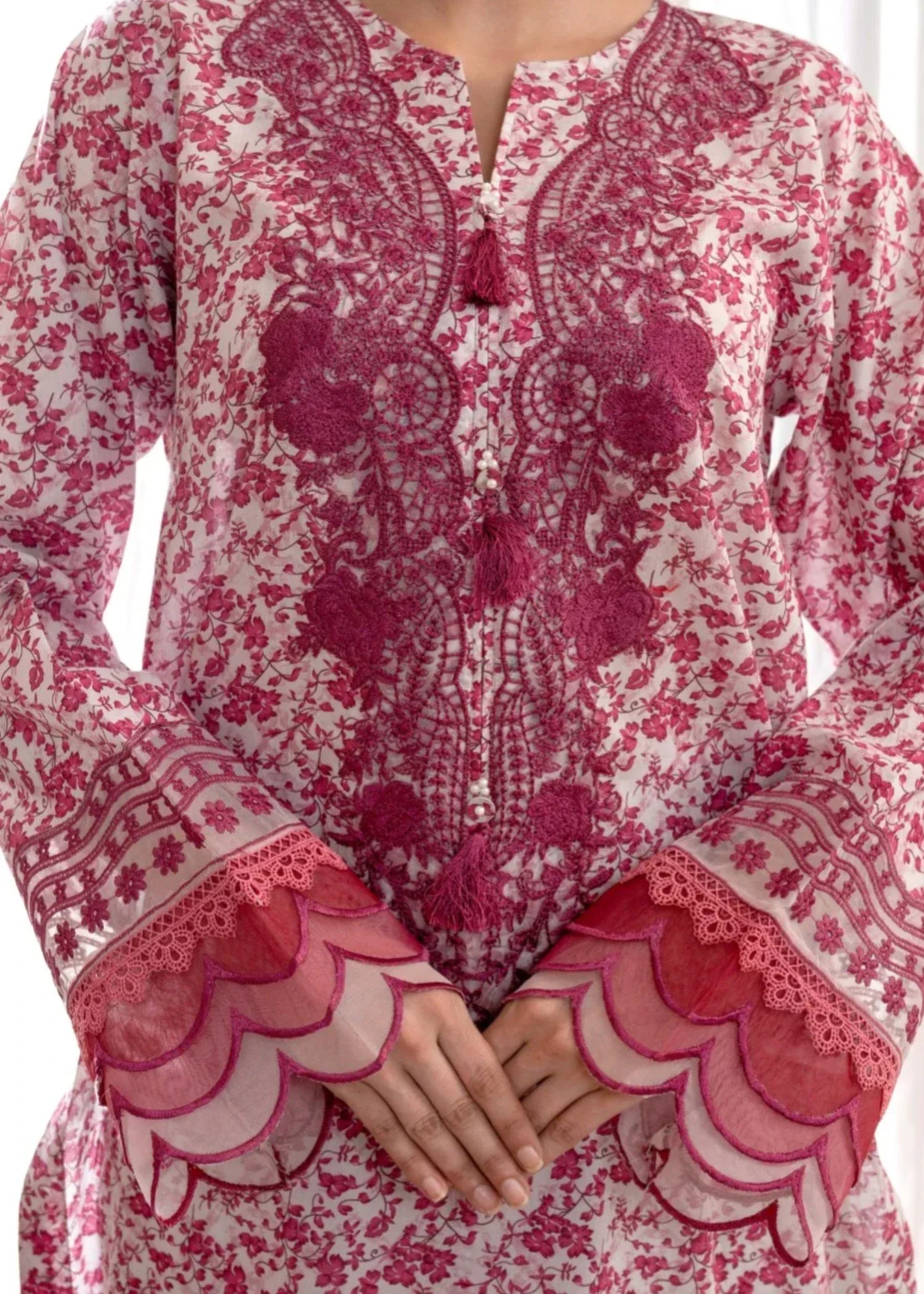 Humna & Momina Printed Lawn Suit with Embroidered Detailing (watermelon pink) Women 3pcs