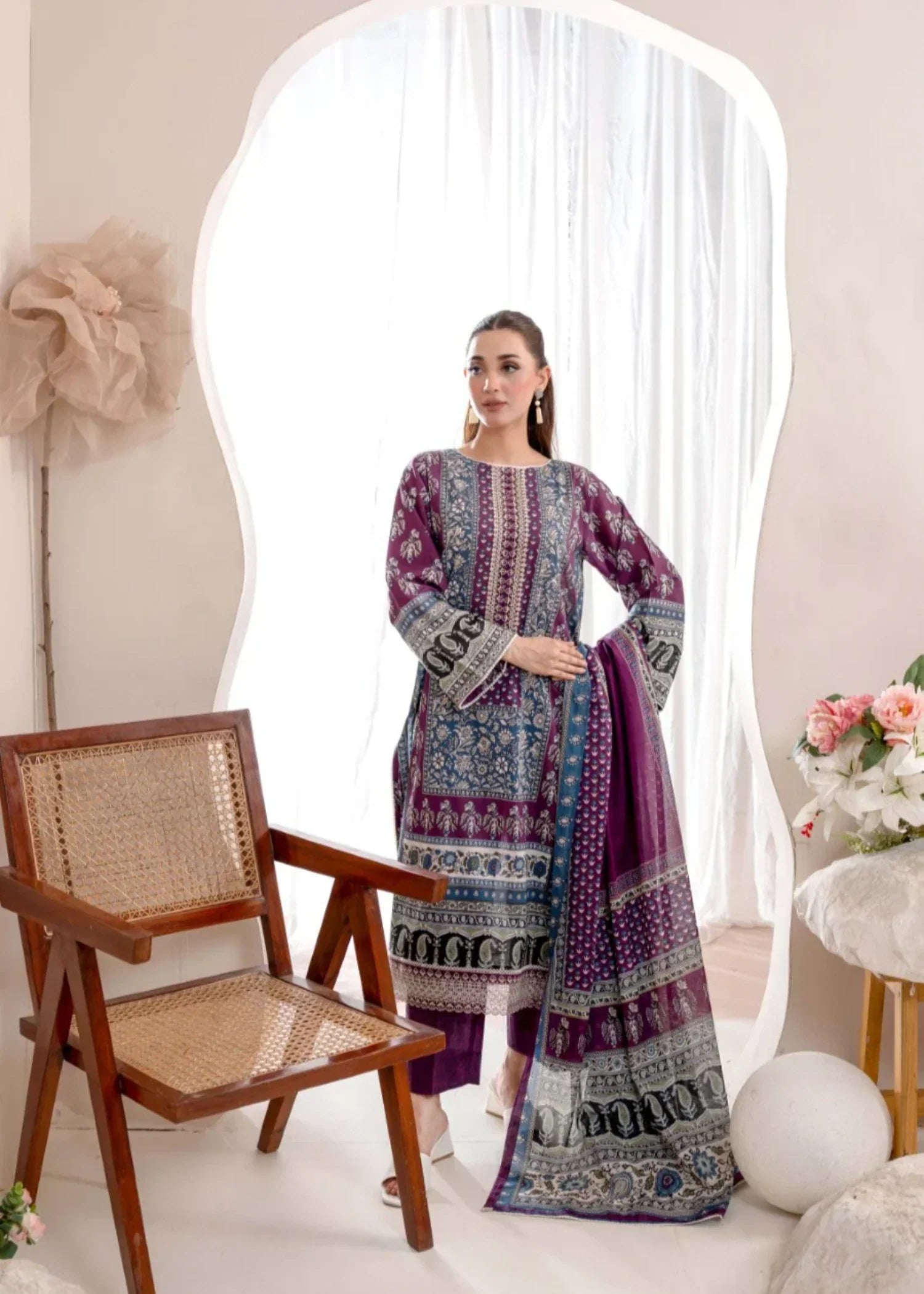 Humna & Momina EMBROIDERED PRINTED LAWN SUIT PLUM Women 3pcs