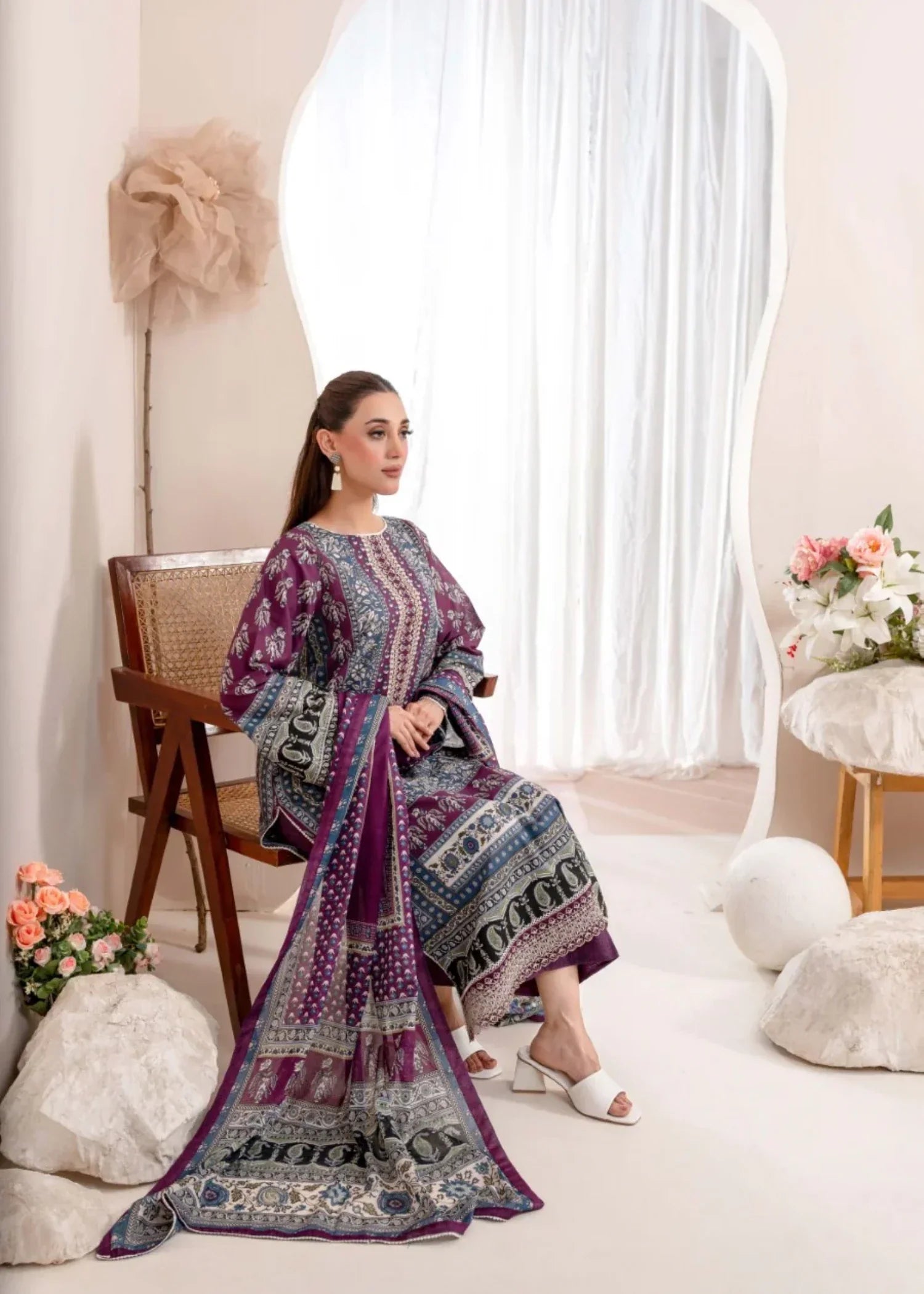 Humna & Momina EMBROIDERED PRINTED LAWN SUIT PLUM Women 3pcs