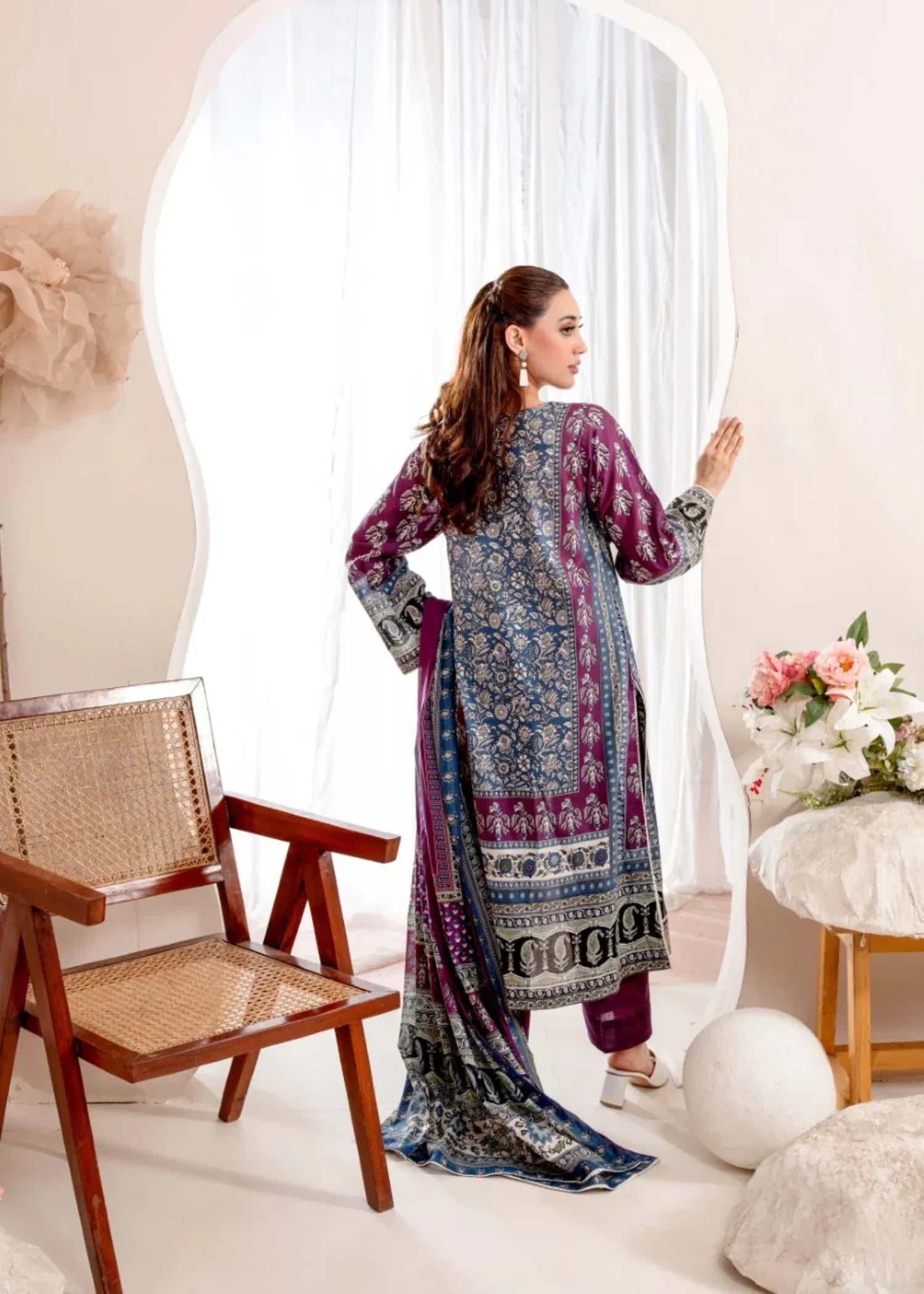 Humna & Momina EMBROIDERED PRINTED LAWN SUIT PLUM Women 3pcs