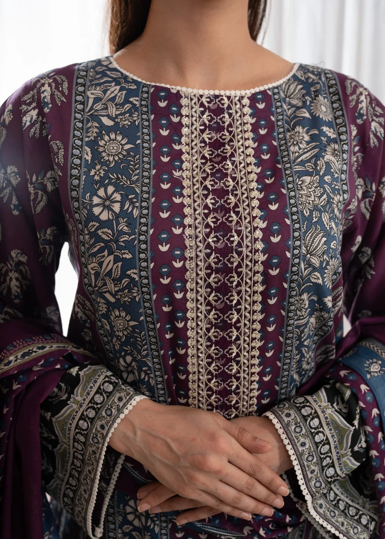 Humna & Momina EMBROIDERED PRINTED LAWN SUIT PLUM Women 3pcs