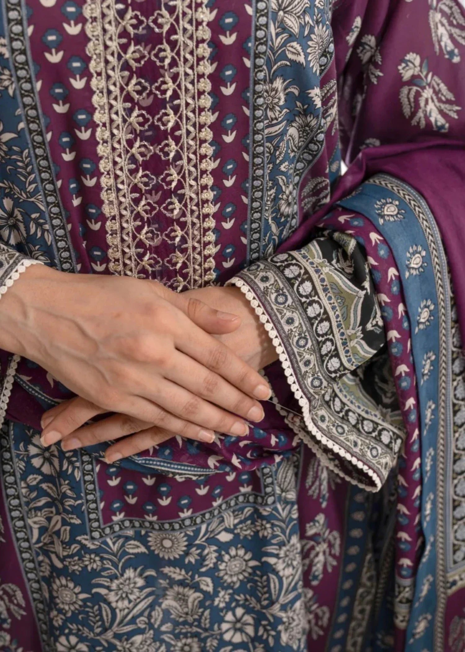 Humna & Momina EMBROIDERED PRINTED LAWN SUIT PLUM Women 3pcs