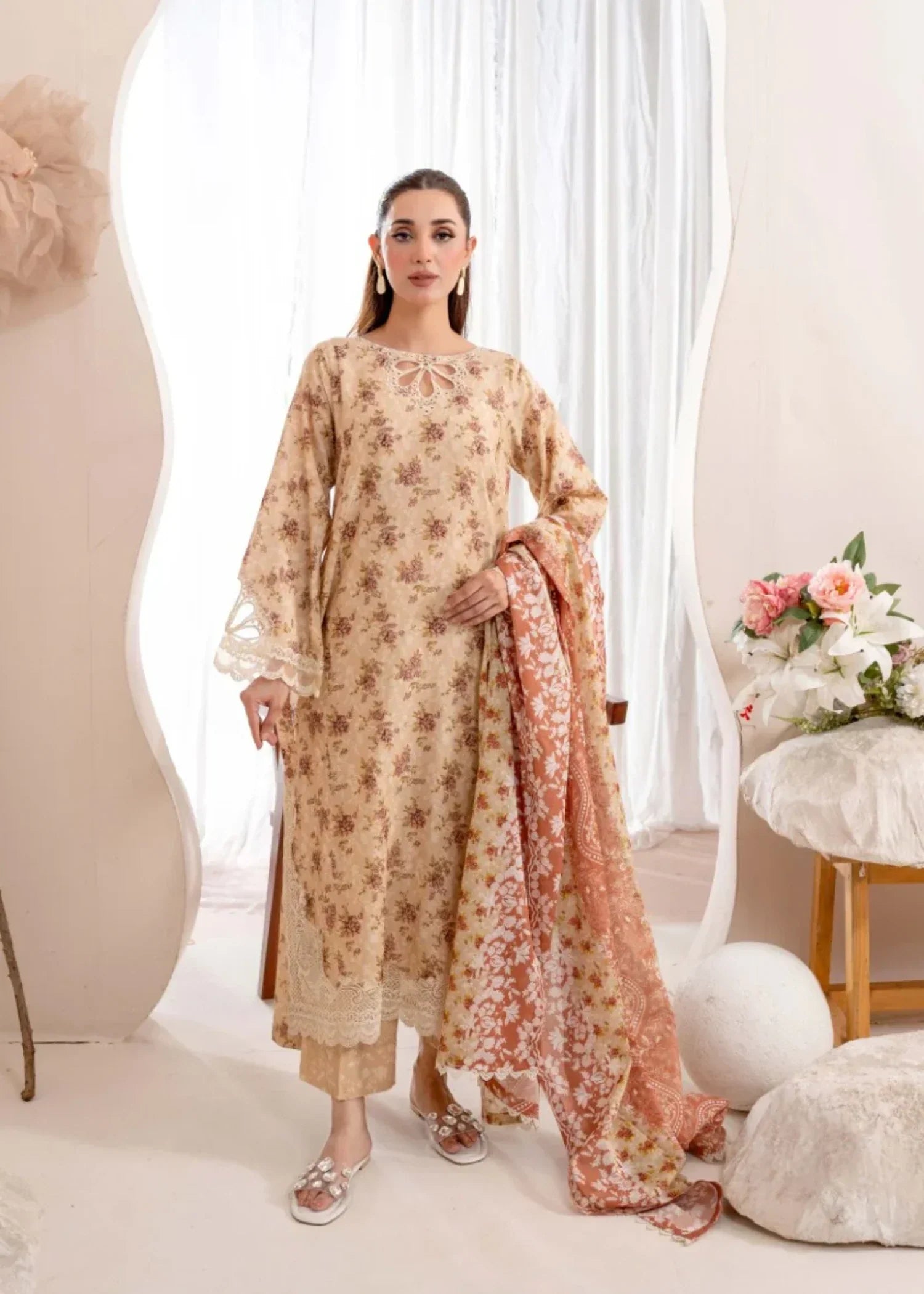 Humna & Momina Lawn Suit with Delicate Embroidery (wheat) Women 3pcs