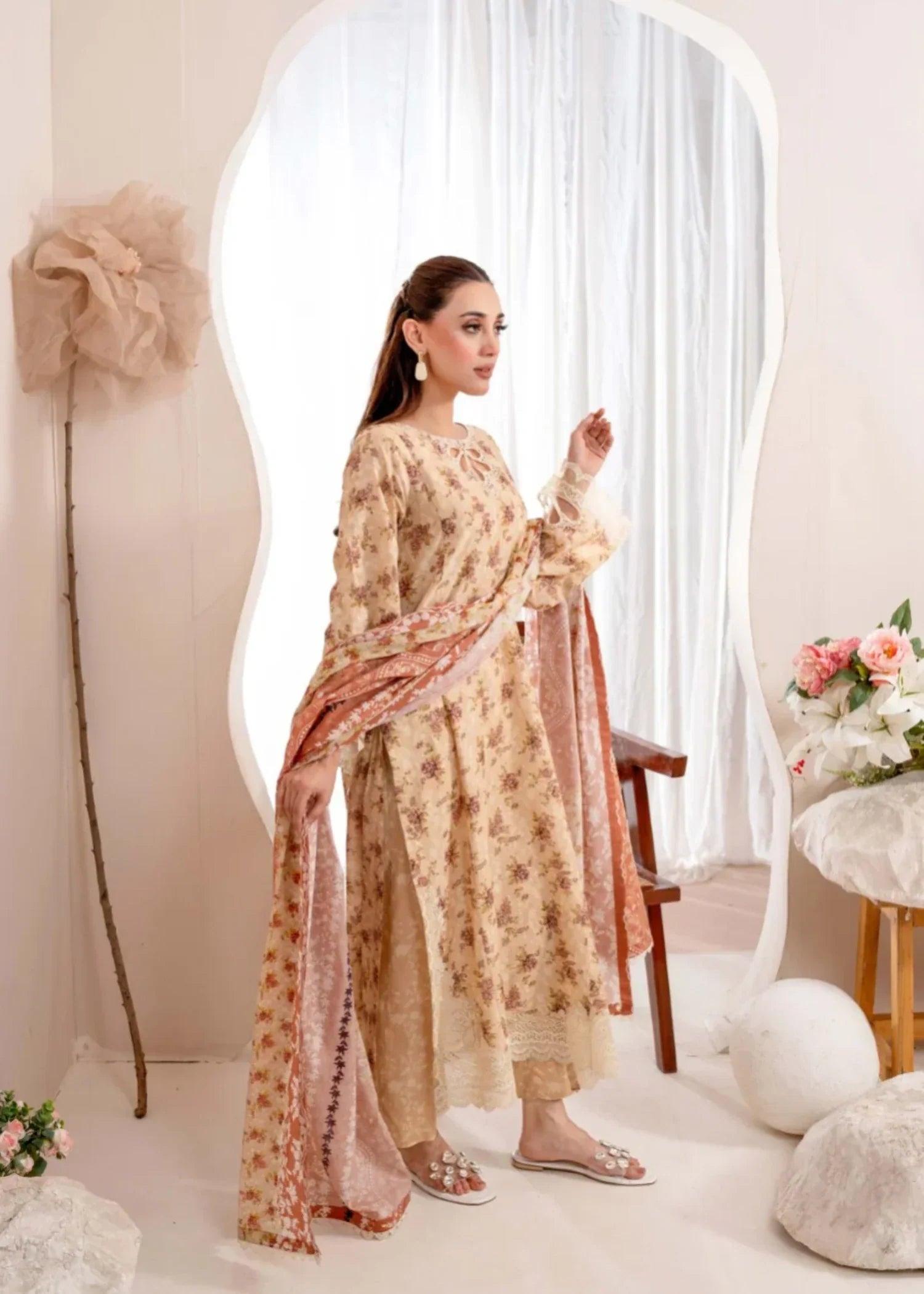Humna & Momina Lawn Suit with Delicate Embroidery (wheat) Women 3pcs