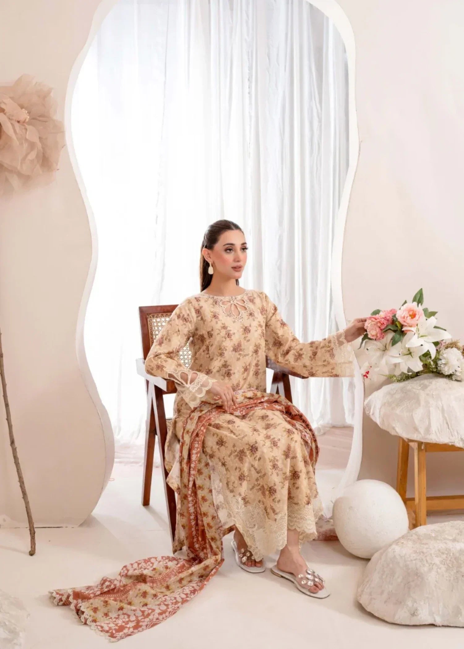 Humna & Momina Lawn Suit with Delicate Embroidery (wheat) Women 3pcs