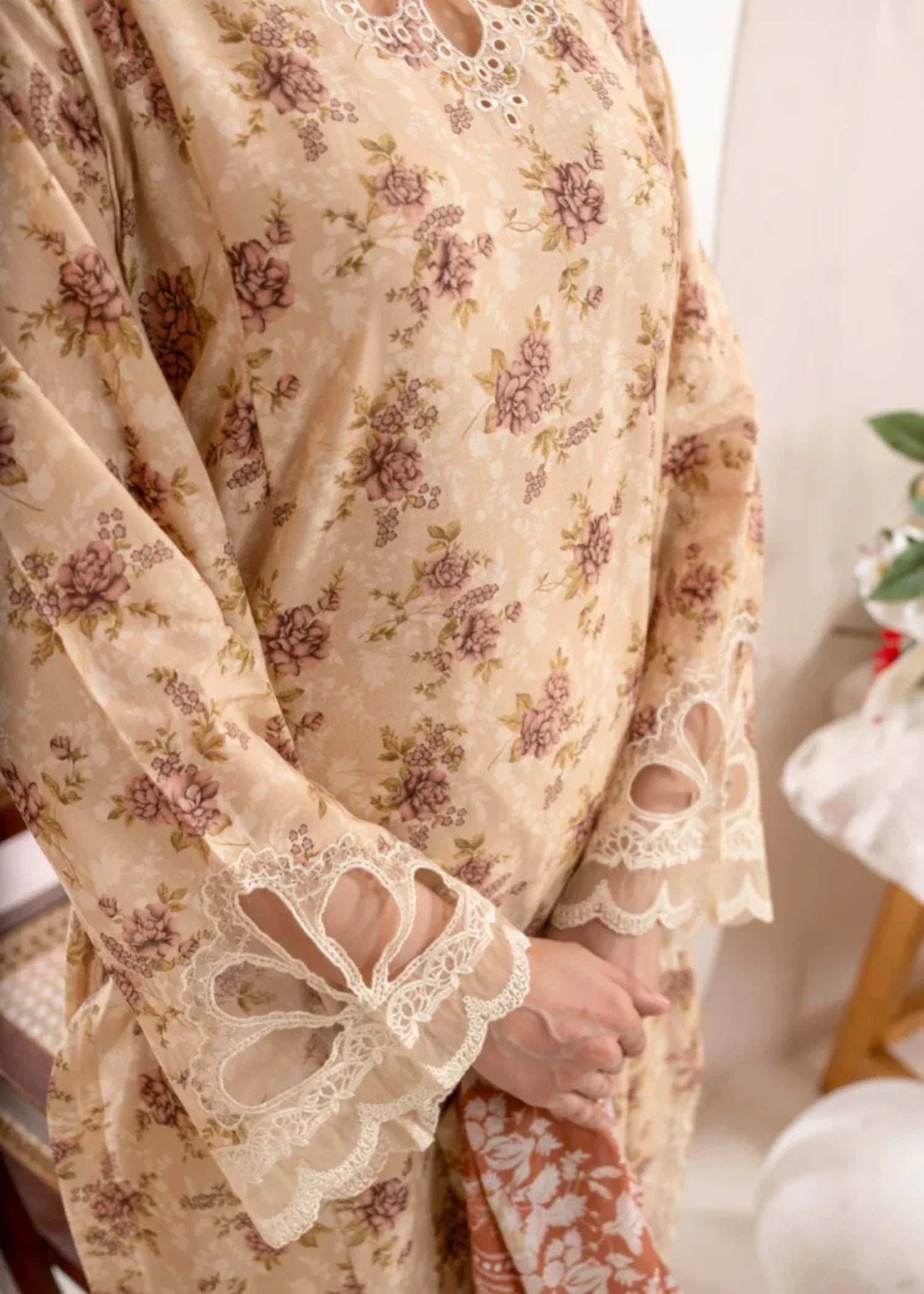 Humna & Momina Lawn Suit with Delicate Embroidery (wheat) Women 3pcs