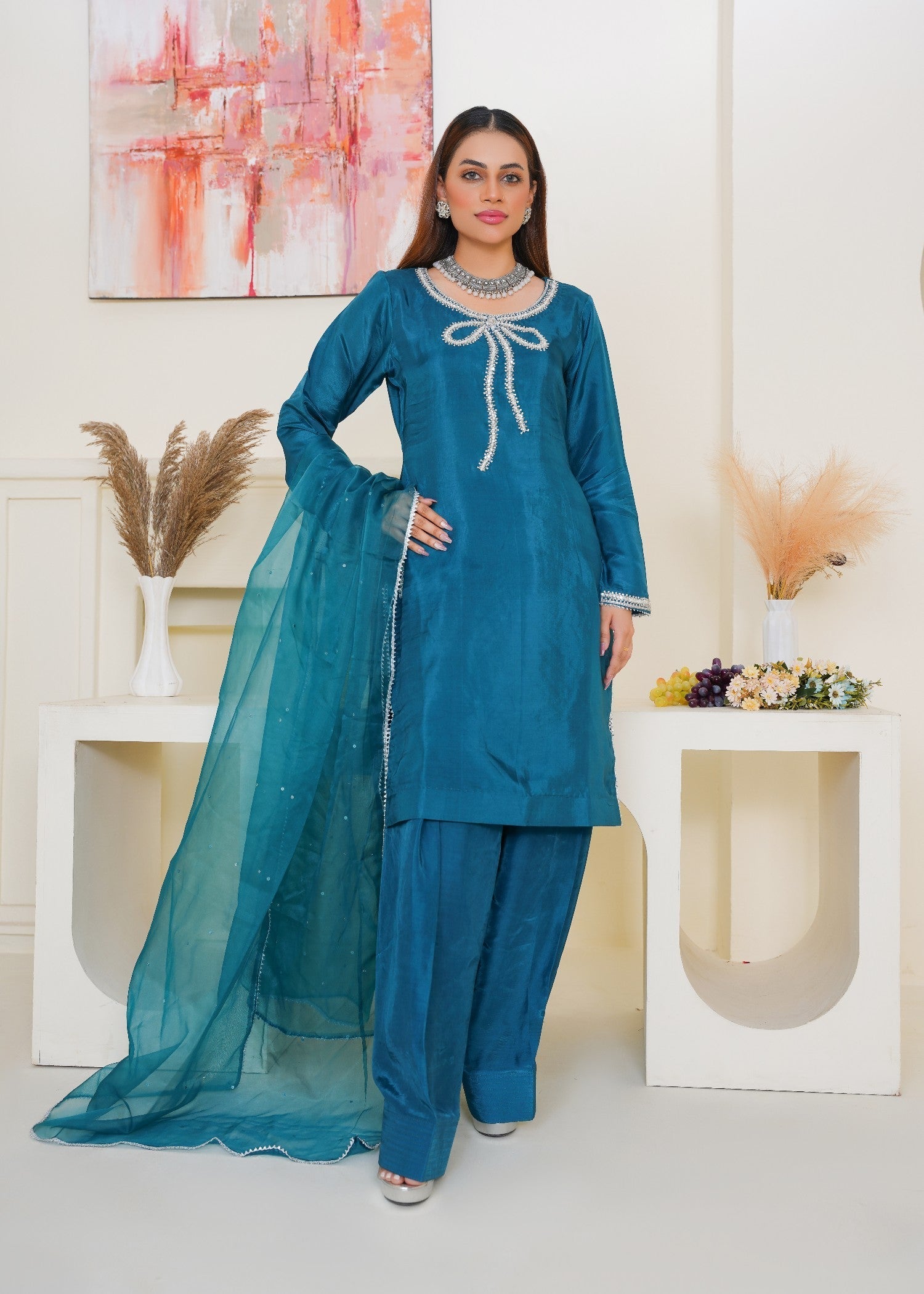 Kashaf Teal Farshi shalwar Adda work Women 3pcs