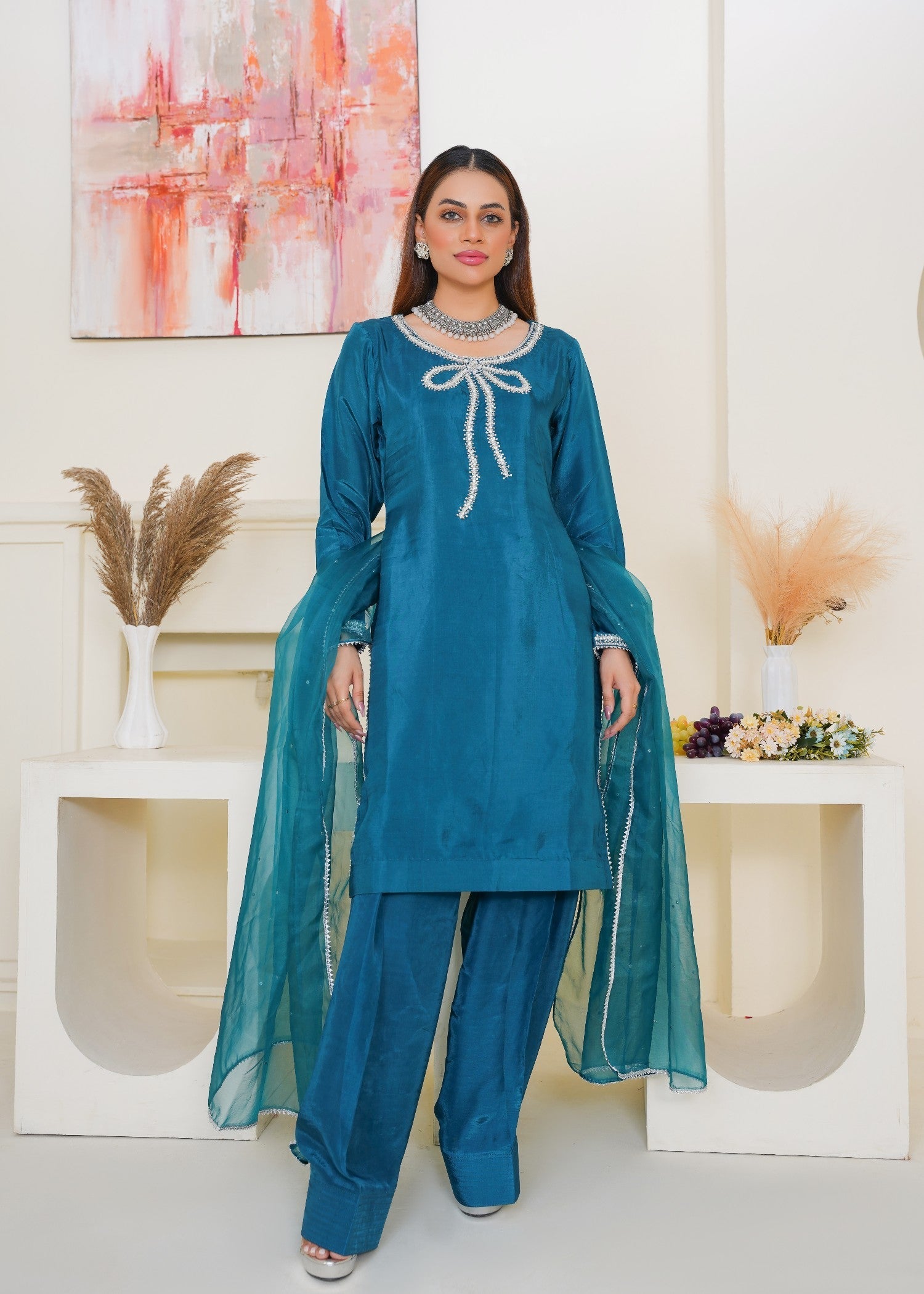 Kashaf Teal Farshi shalwar Adda work Women 3pcs