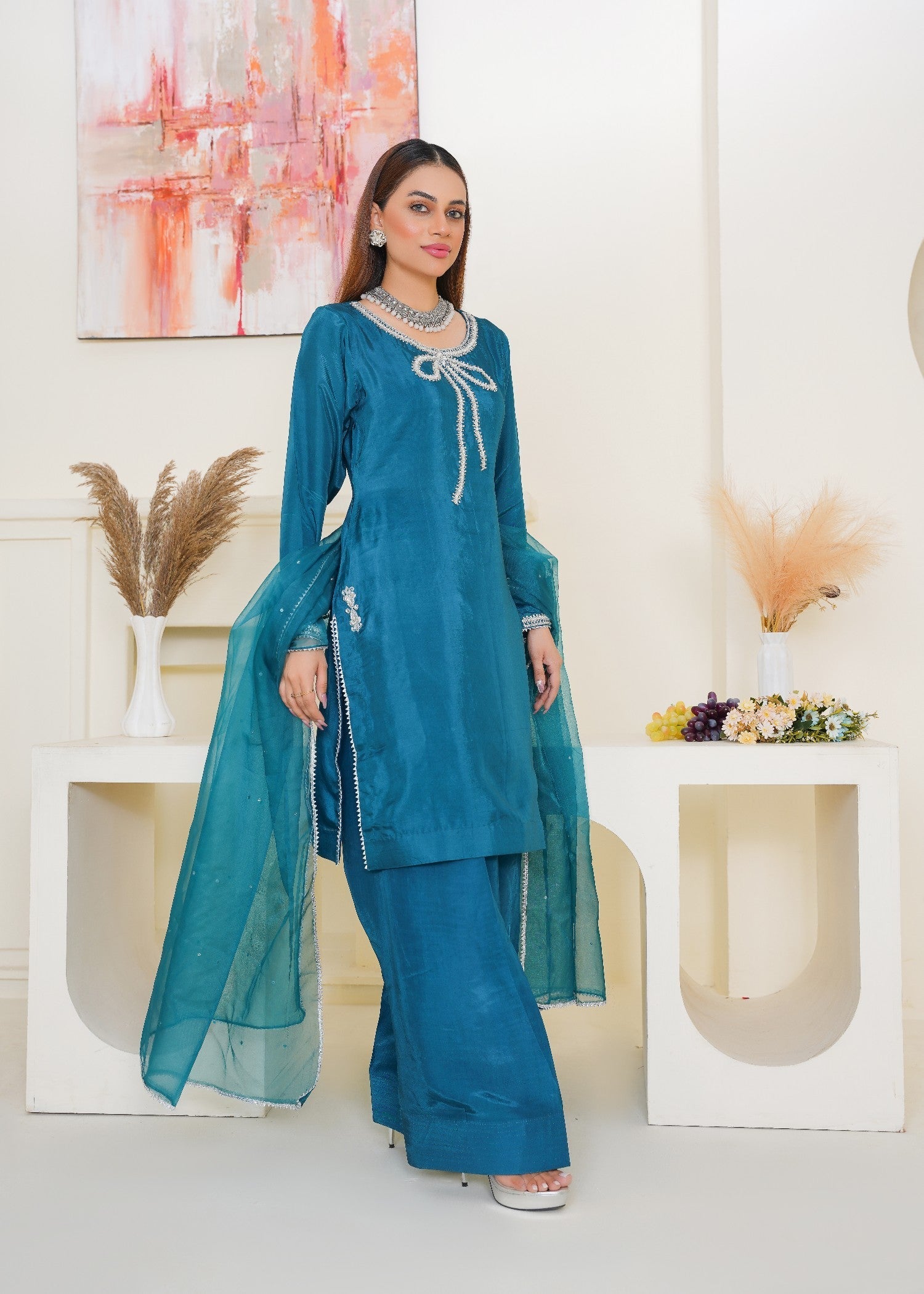 Kashaf Teal Farshi shalwar Adda work Women 3pcs