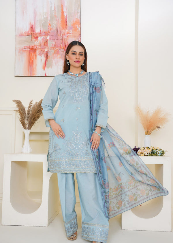 Kashaf Ice blue cotton silk farshi shalwar embroidered Women 3pcs