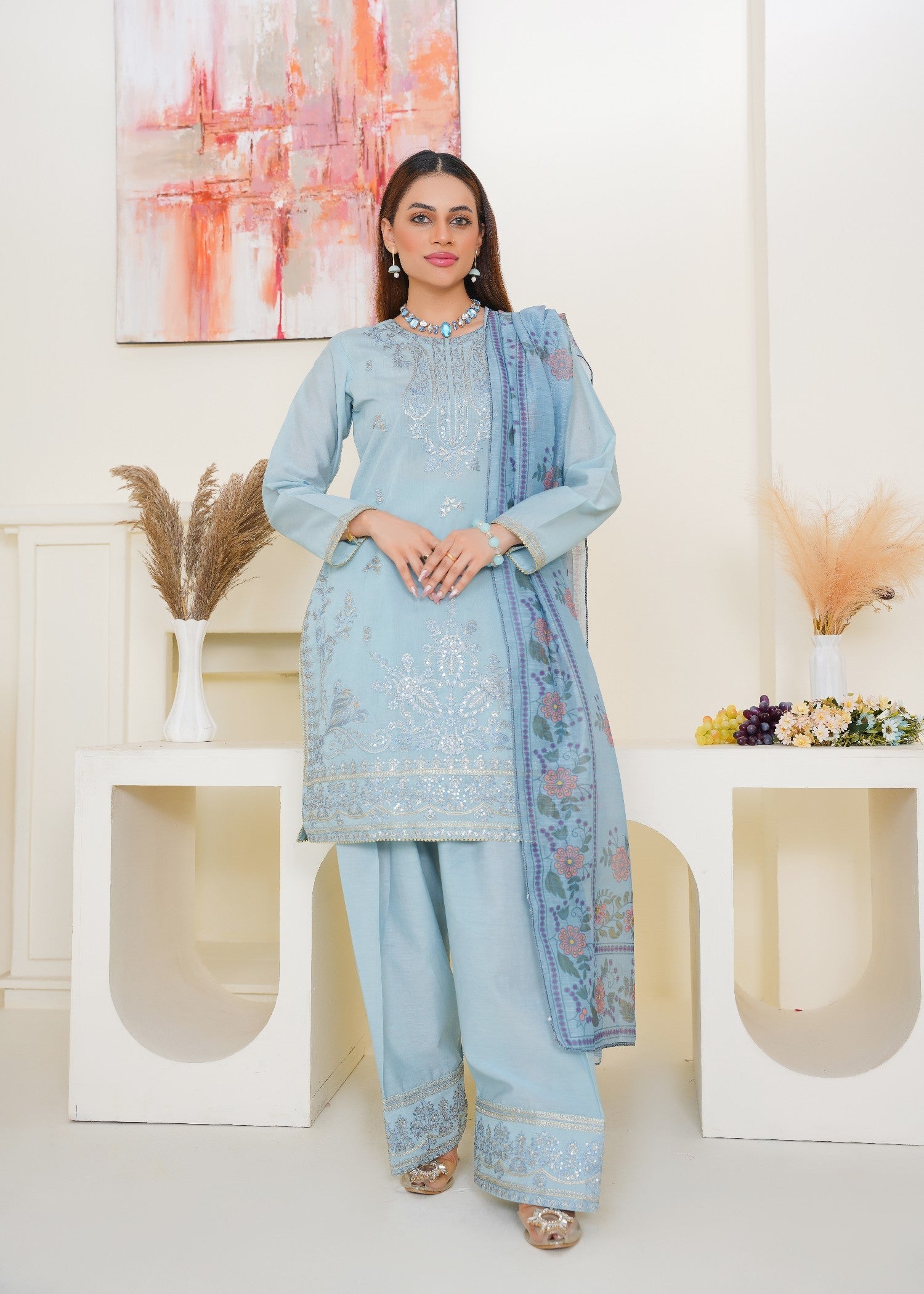 Kashaf Ice blue cotton silk farshi shalwar embroidered Women 3pcs