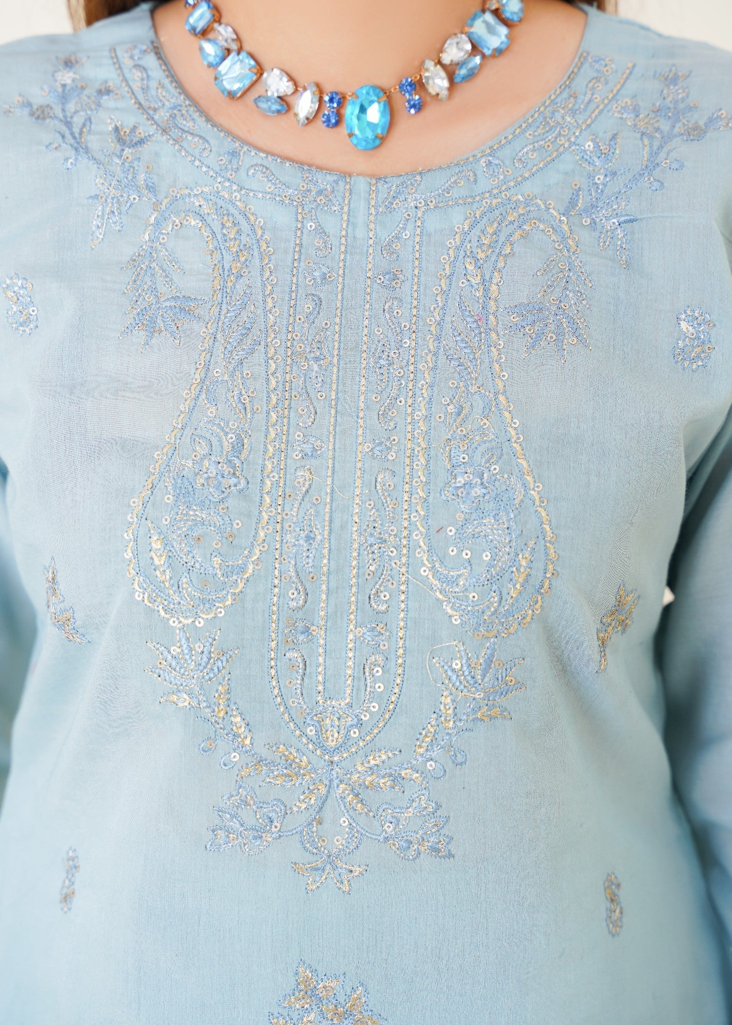 Kashaf Ice blue cotton silk farshi shalwar embroidered Women 3pcs