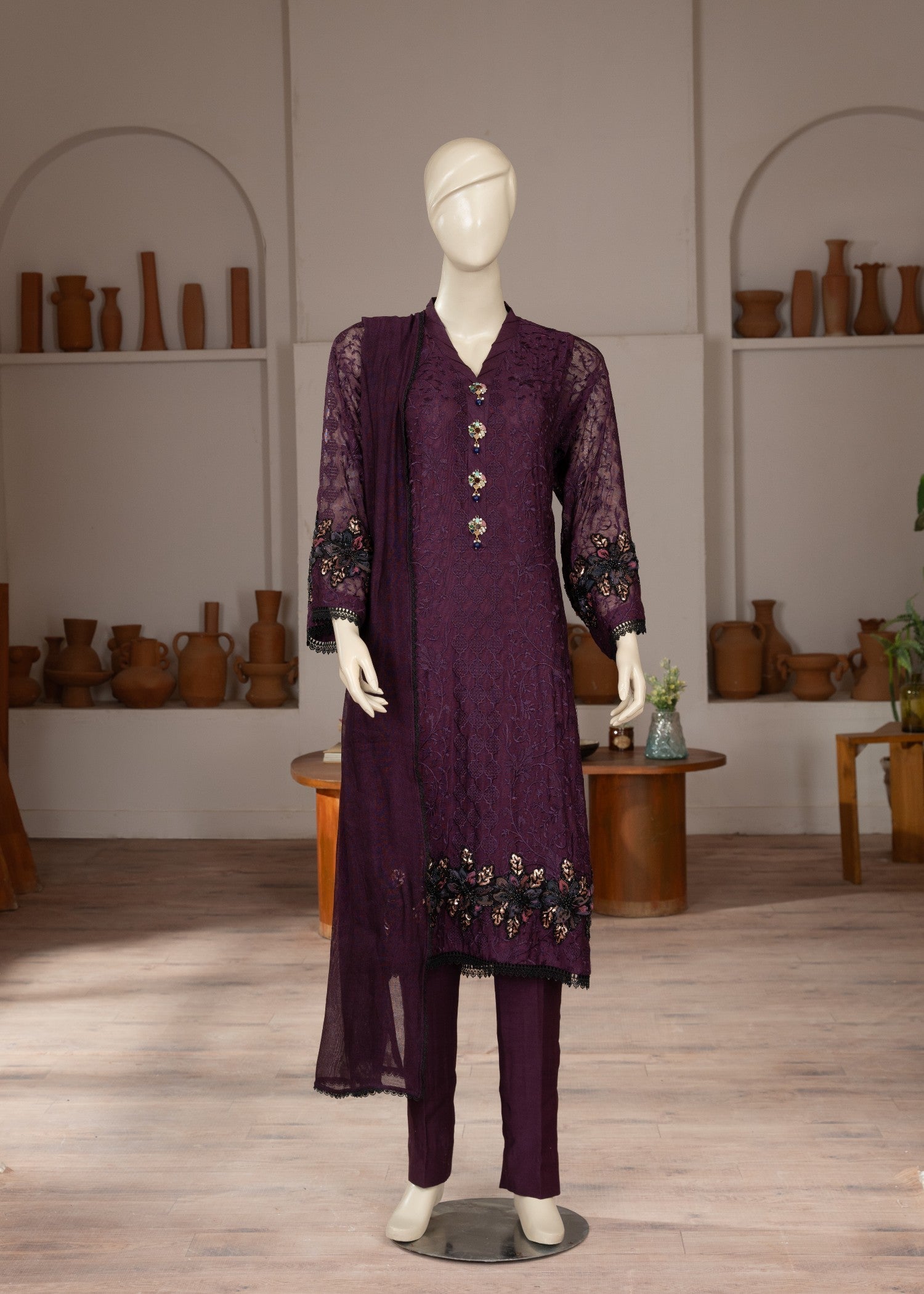 Symas Purple Embroidered Cotton Net Suit Women 3pcs