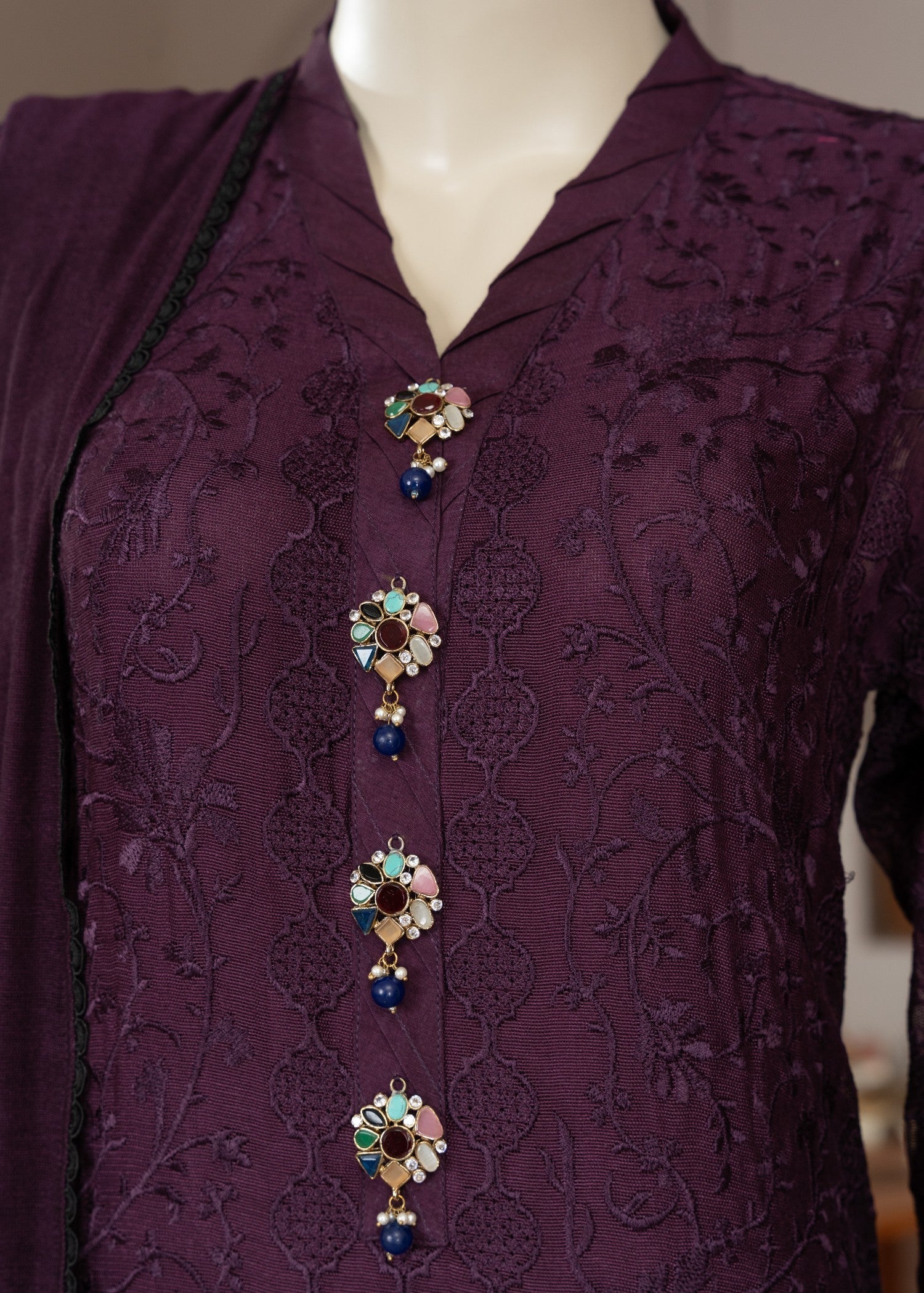 Symas Purple Embroidered Cotton Net Suit Women 3pcs