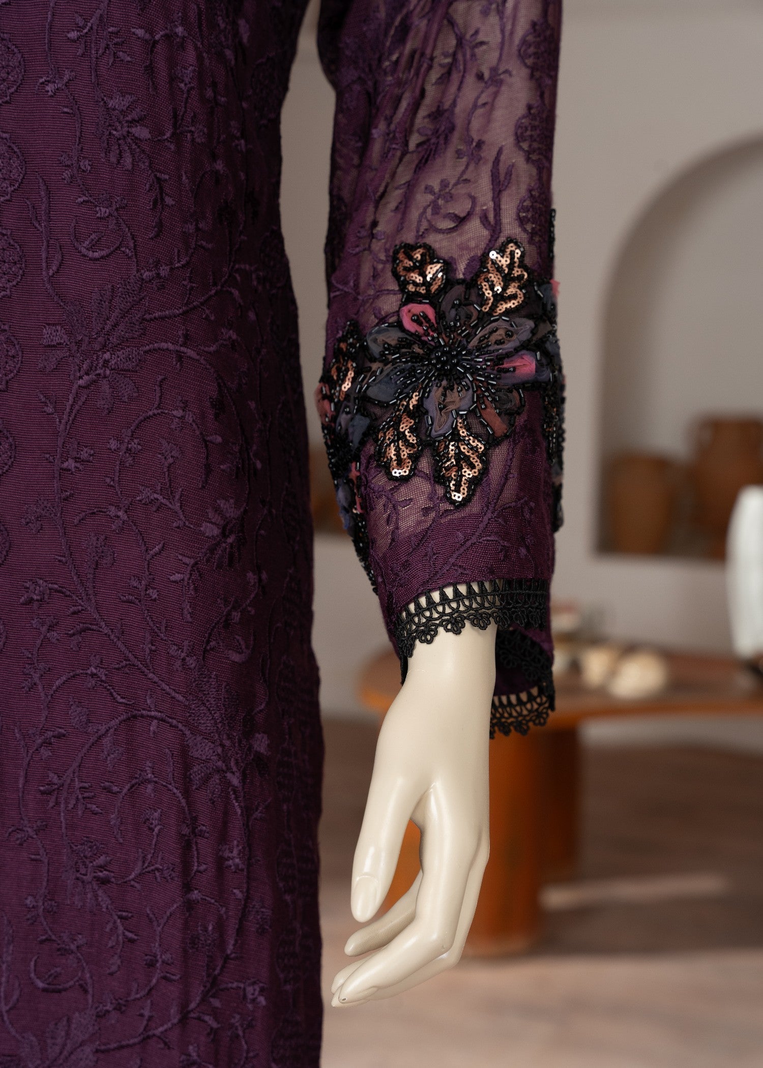 Symas Purple Embroidered Cotton Net Suit Women 3pcs