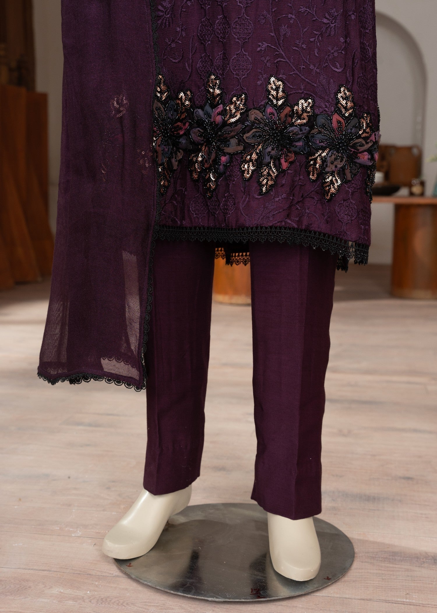 Symas Purple Embroidered Cotton Net Suit Women 3pcs