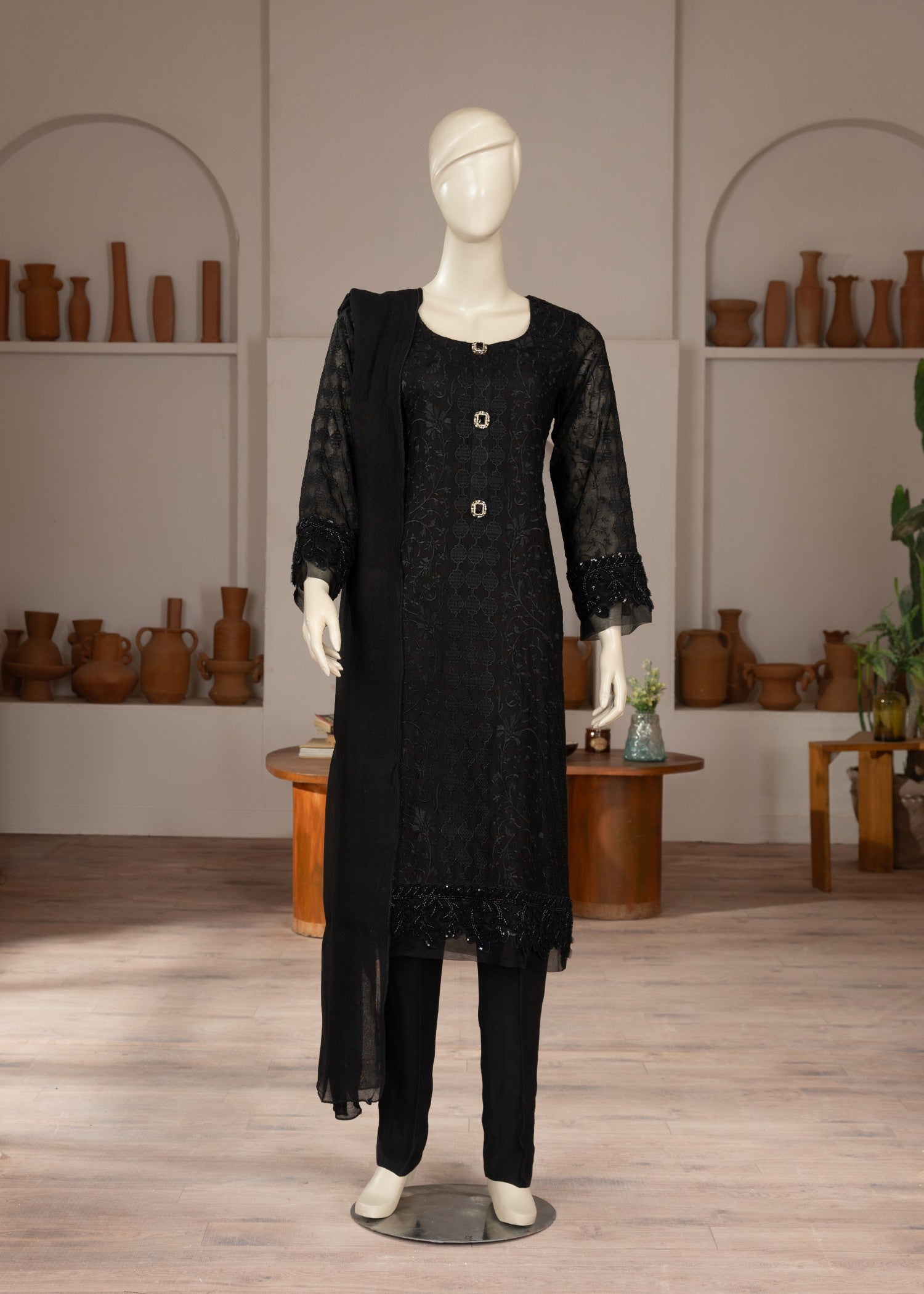 Symas Black Embroidered Cotton Net Suit Women 3pcs