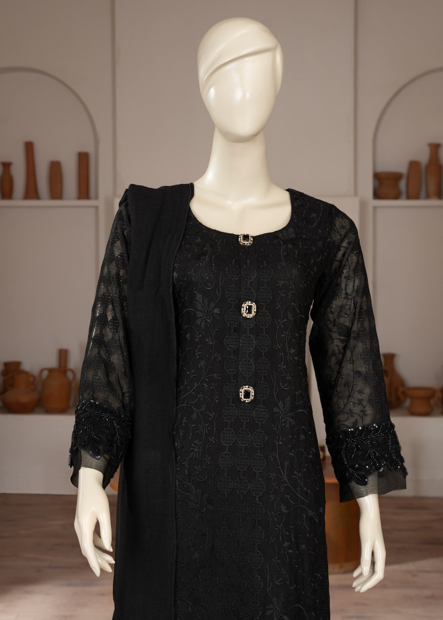 Symas Black Embroidered Cotton Net Suit Women 3pcs