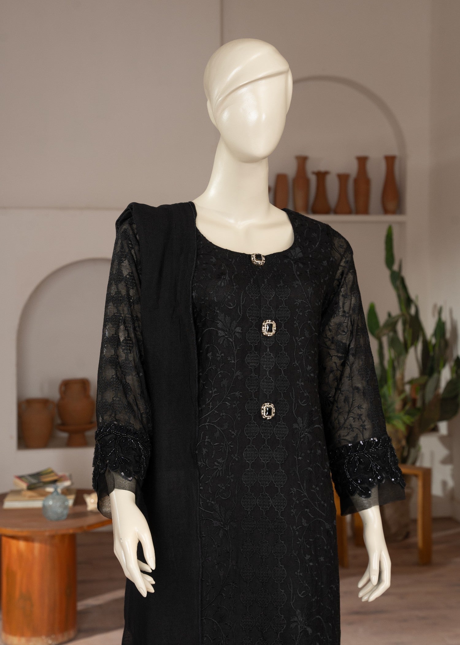 Symas Black Embroidered Cotton Net Suit Women 3pcs