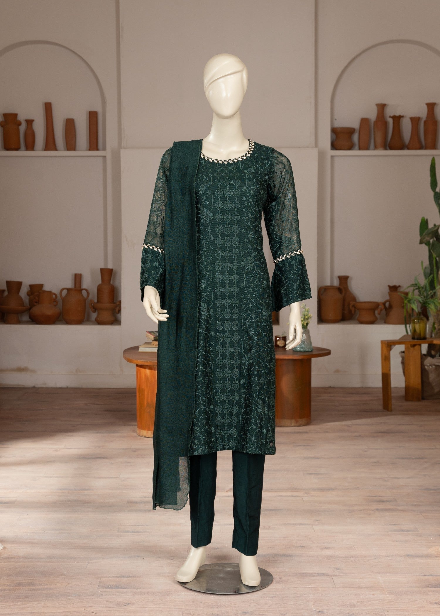 Symas Green Embroidered Cotton Net Suit Women 3pcs