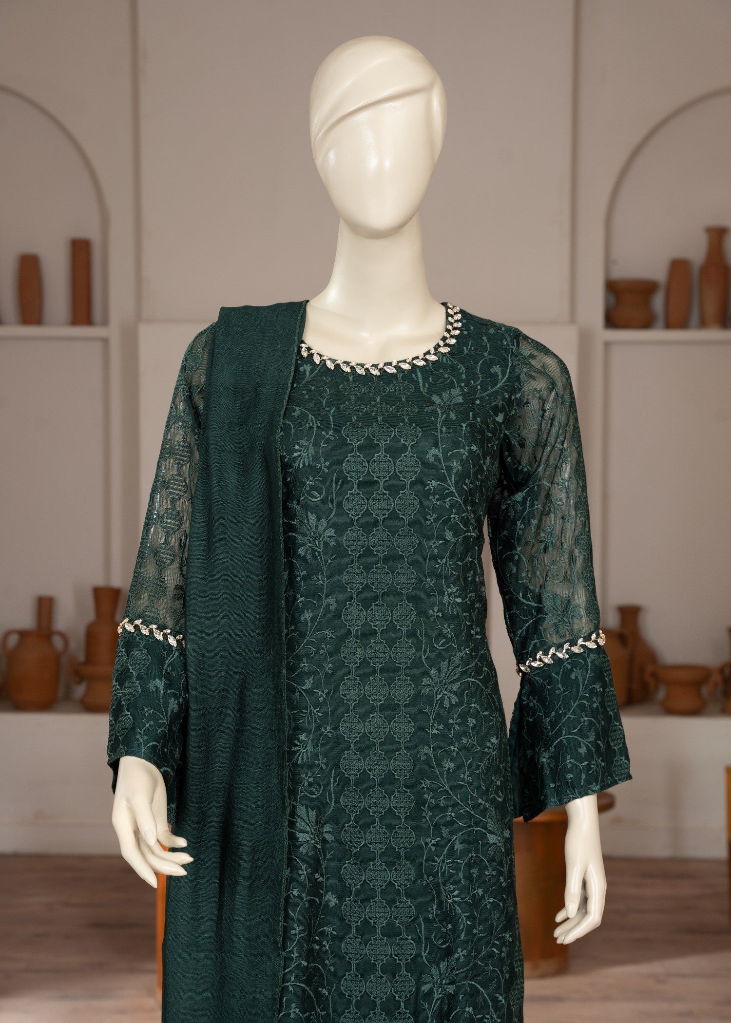 Symas Green Embroidered Cotton Net Suit Women 3pcs
