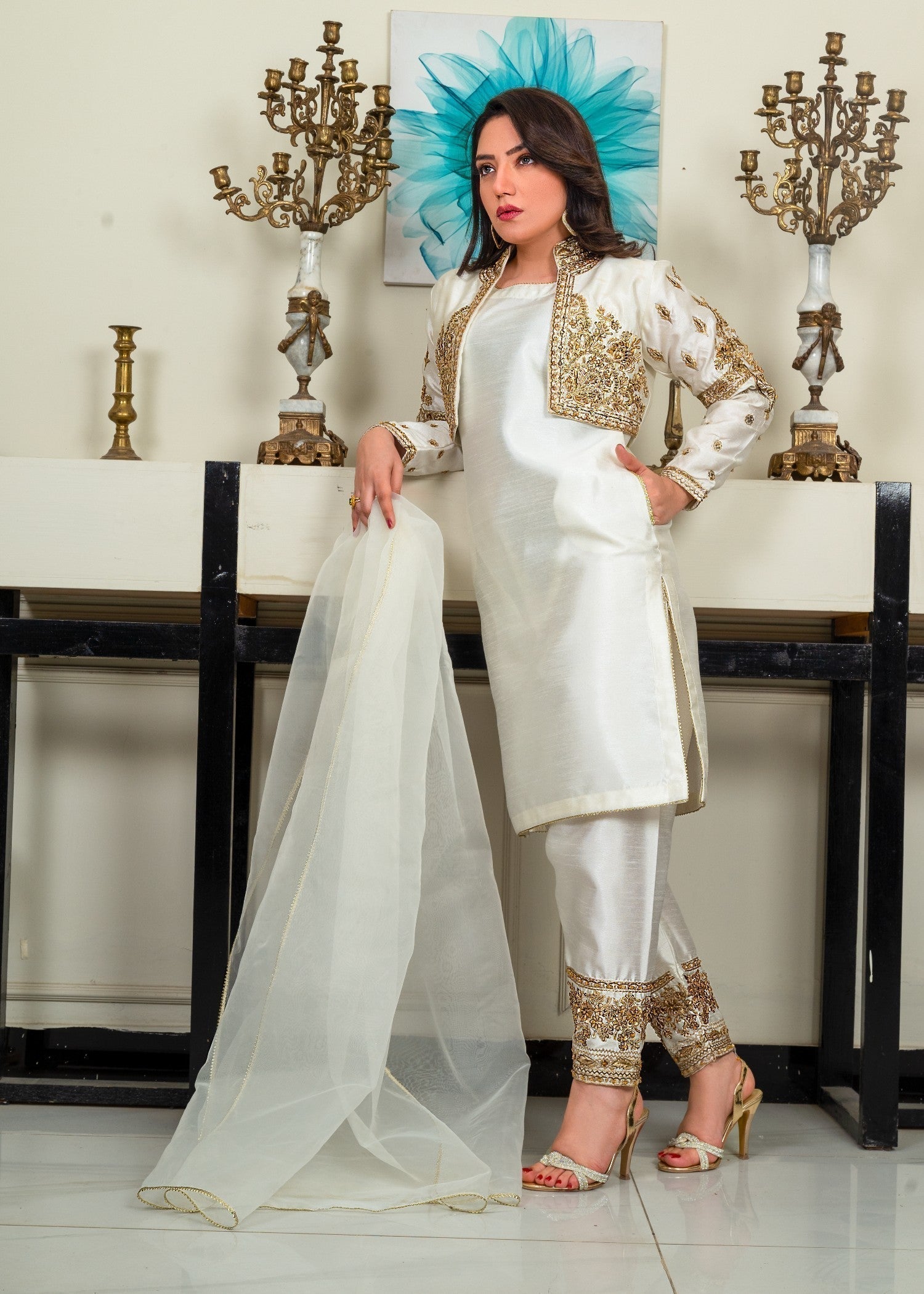 Alyssa CREAM COLOR WAISTCOAT SET ALL222 Women 4pcs