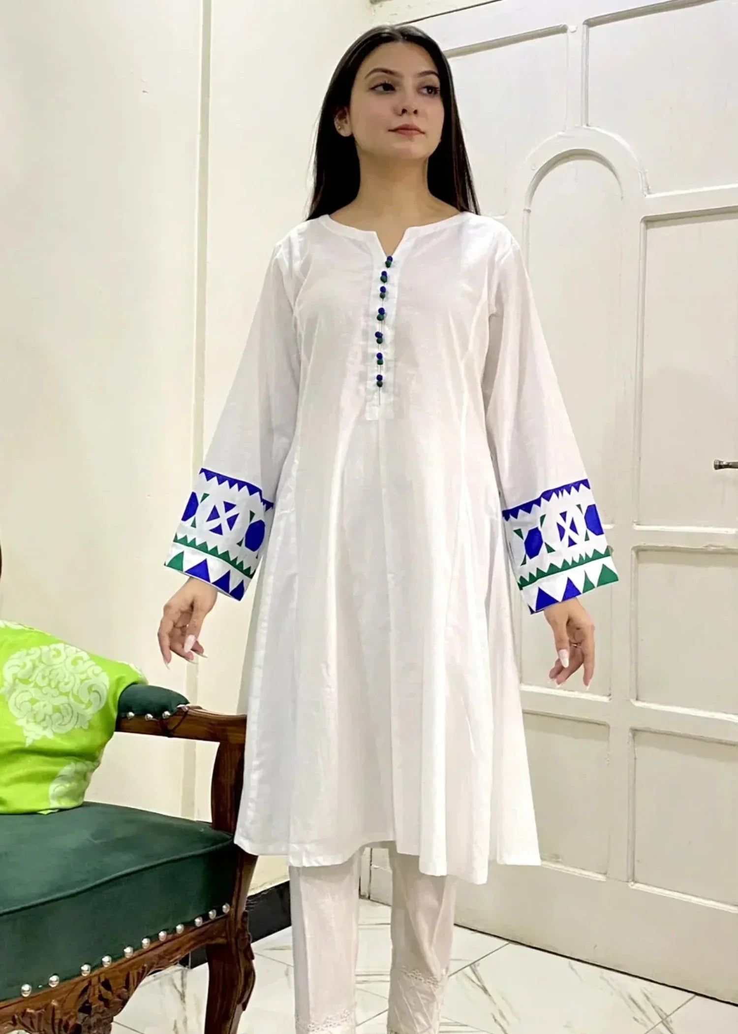 Urban Cut Stitched Breathable Cotton Printed Frock White Women 1pcs