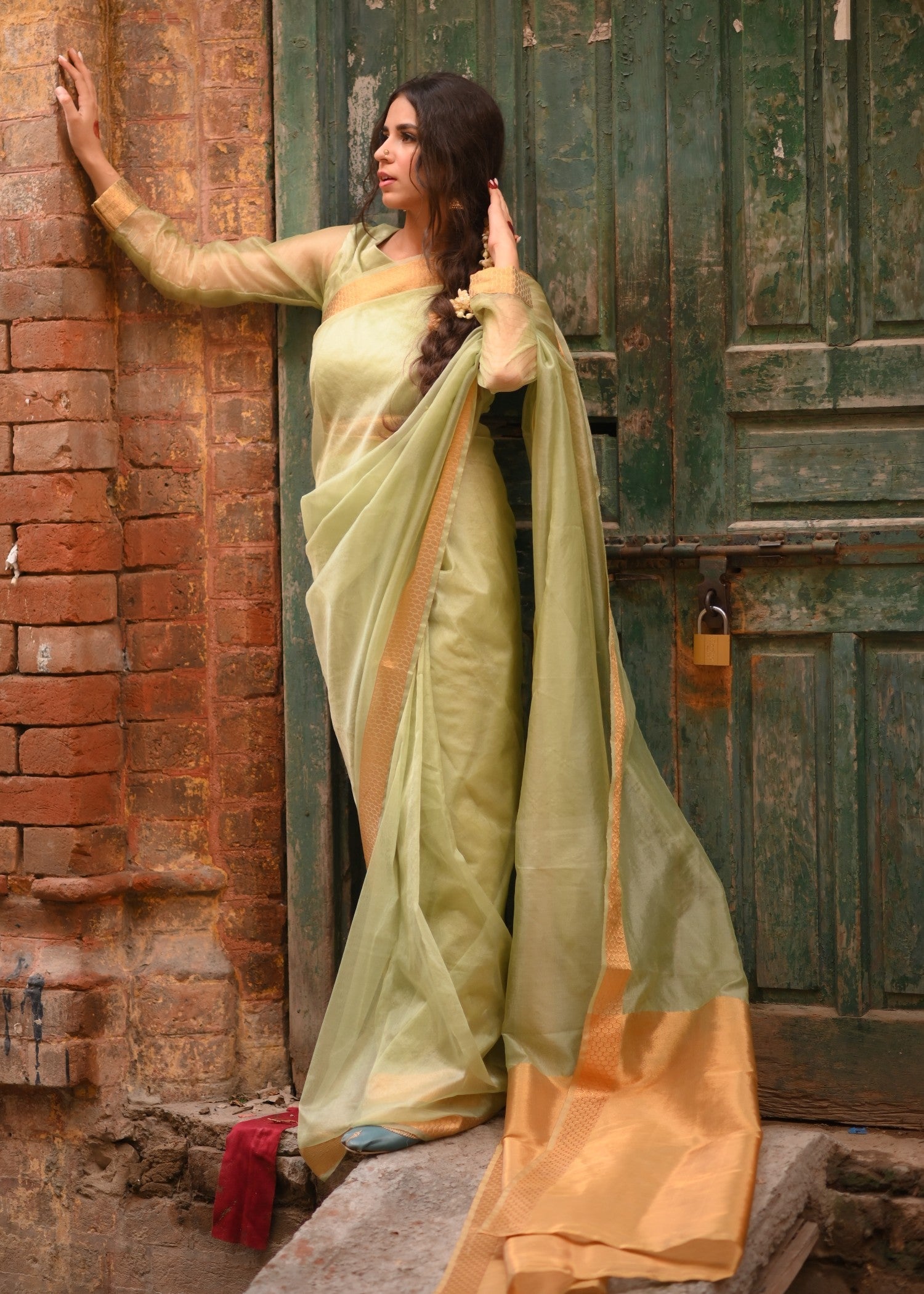 Noroz Moss Zari Organza Saree Women 3pcs